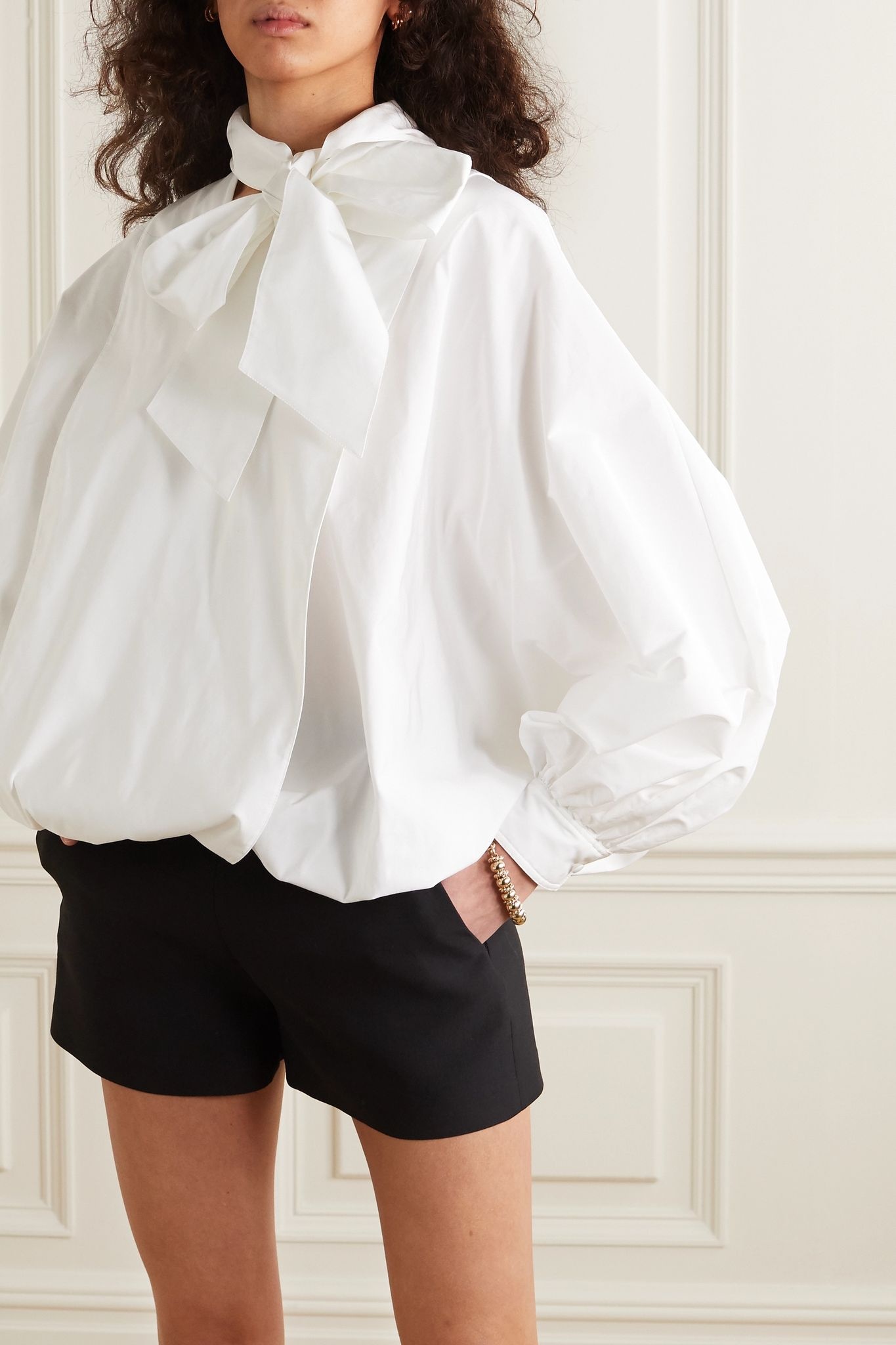 Tie-detailed gathered cotton-blend poplin blouse - 3