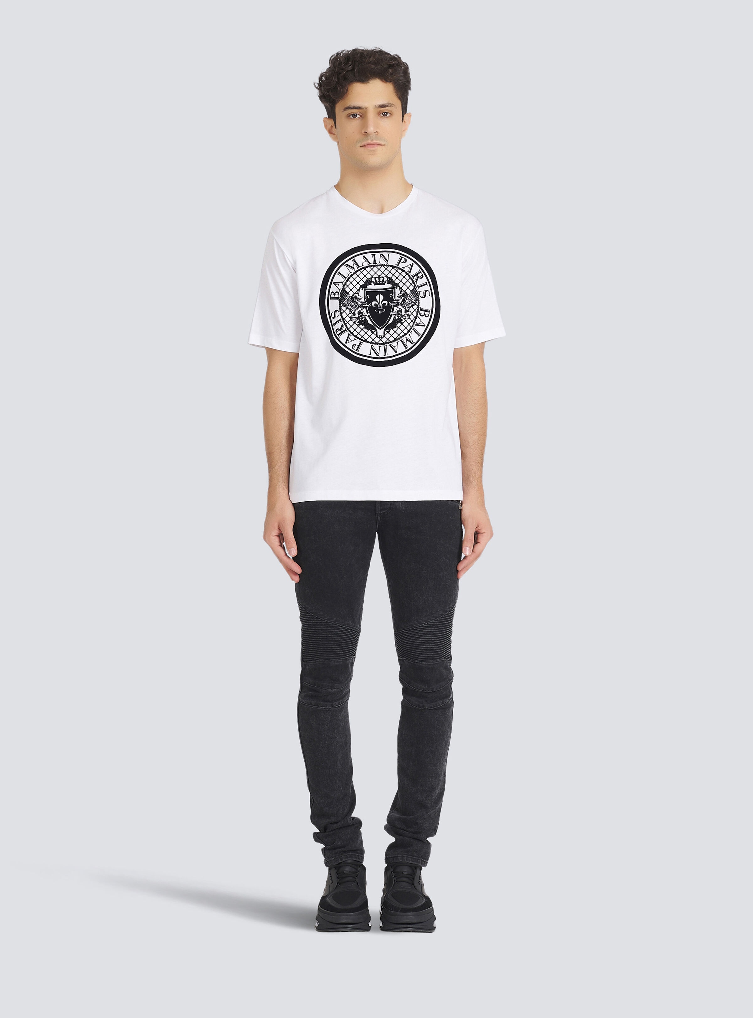 Cotton T-shirt with flocked Balmain medallion - 3
