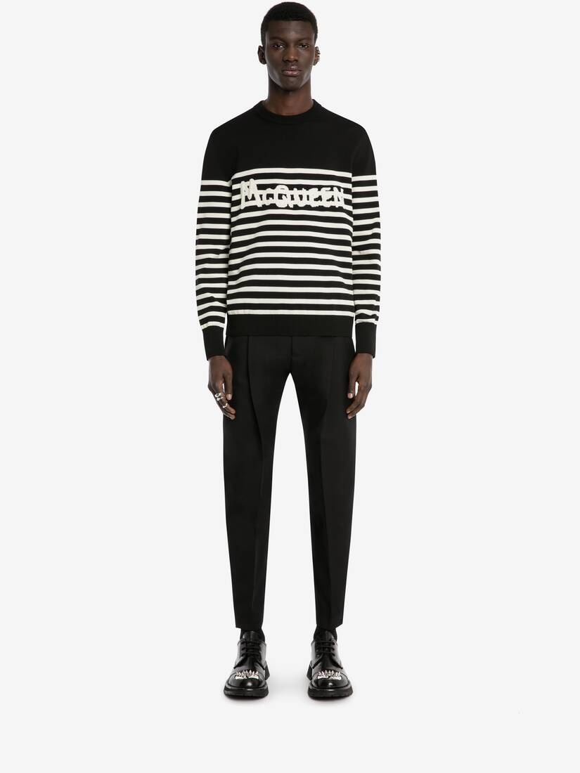 Mcqueen Graffiti Striped Sweatshirt in Black/ivory - 2