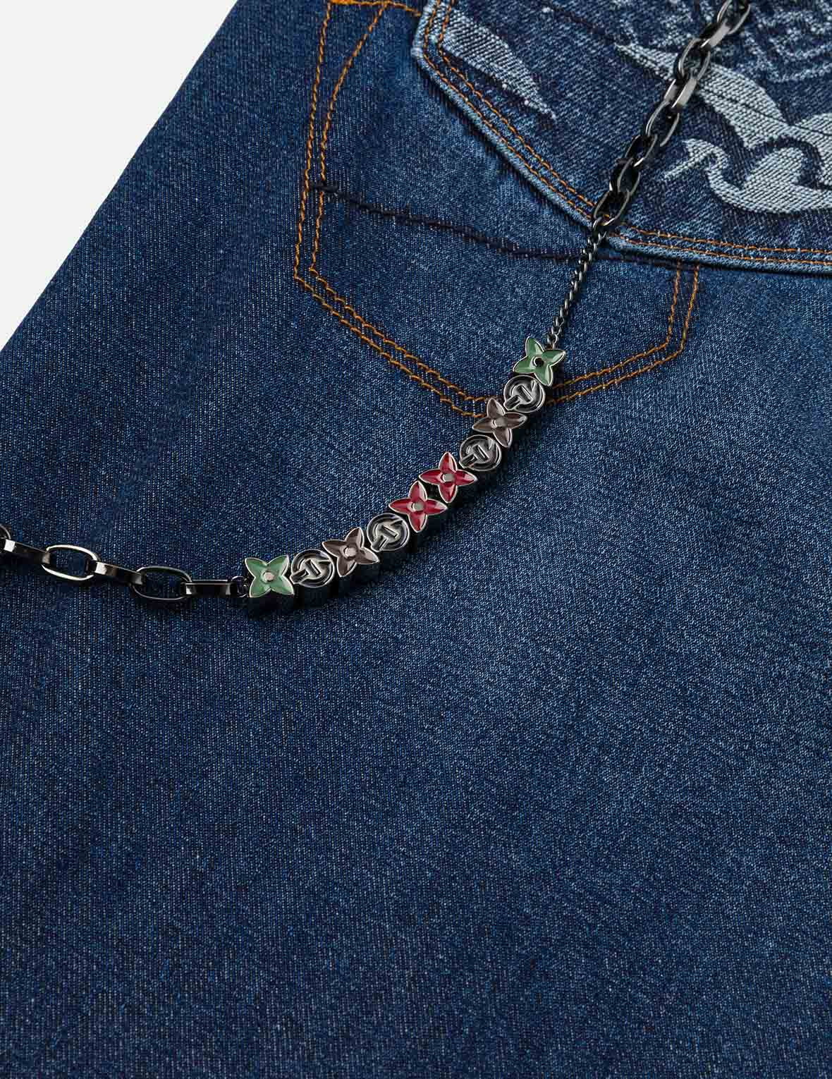 Multi-pocket and Seagull Crane Print Loose Fit Washed Denim Joggers - 5