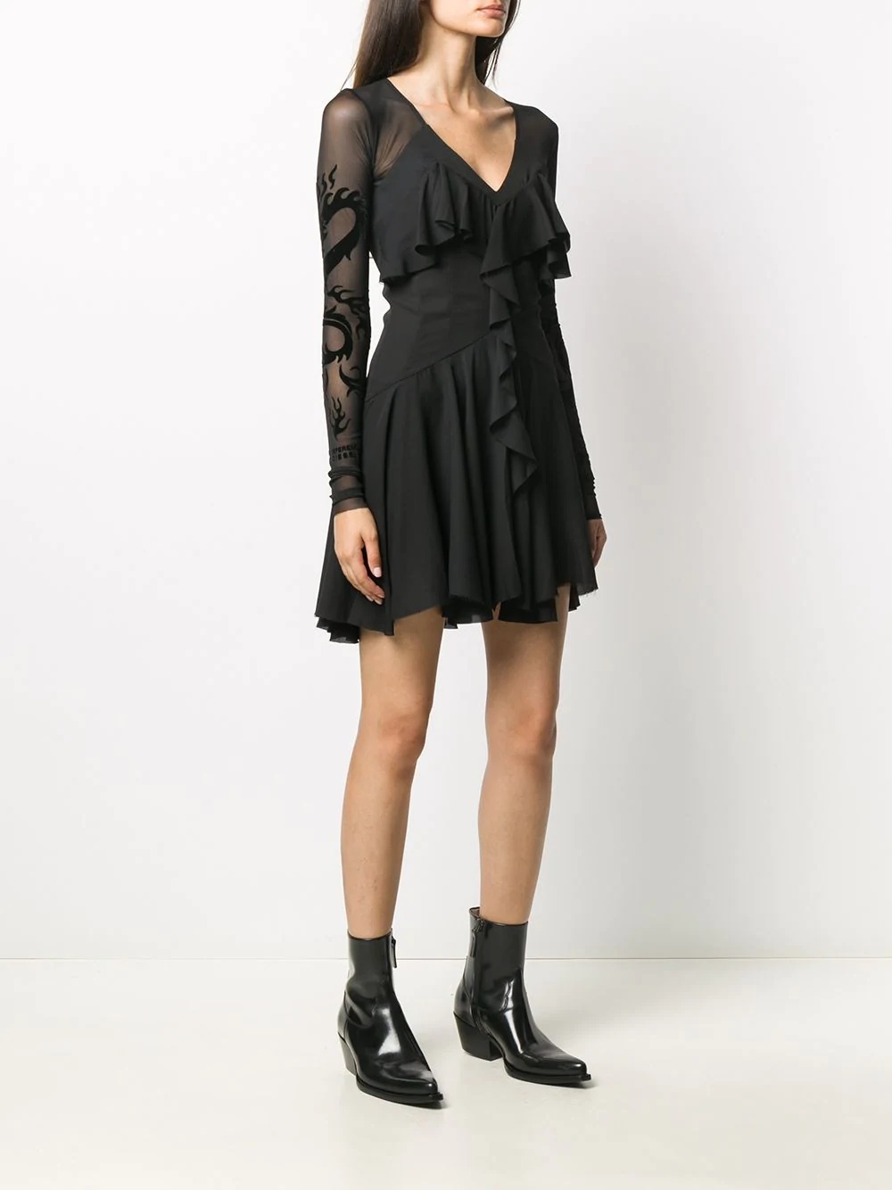 sheer long-sleeve mini dress - 3