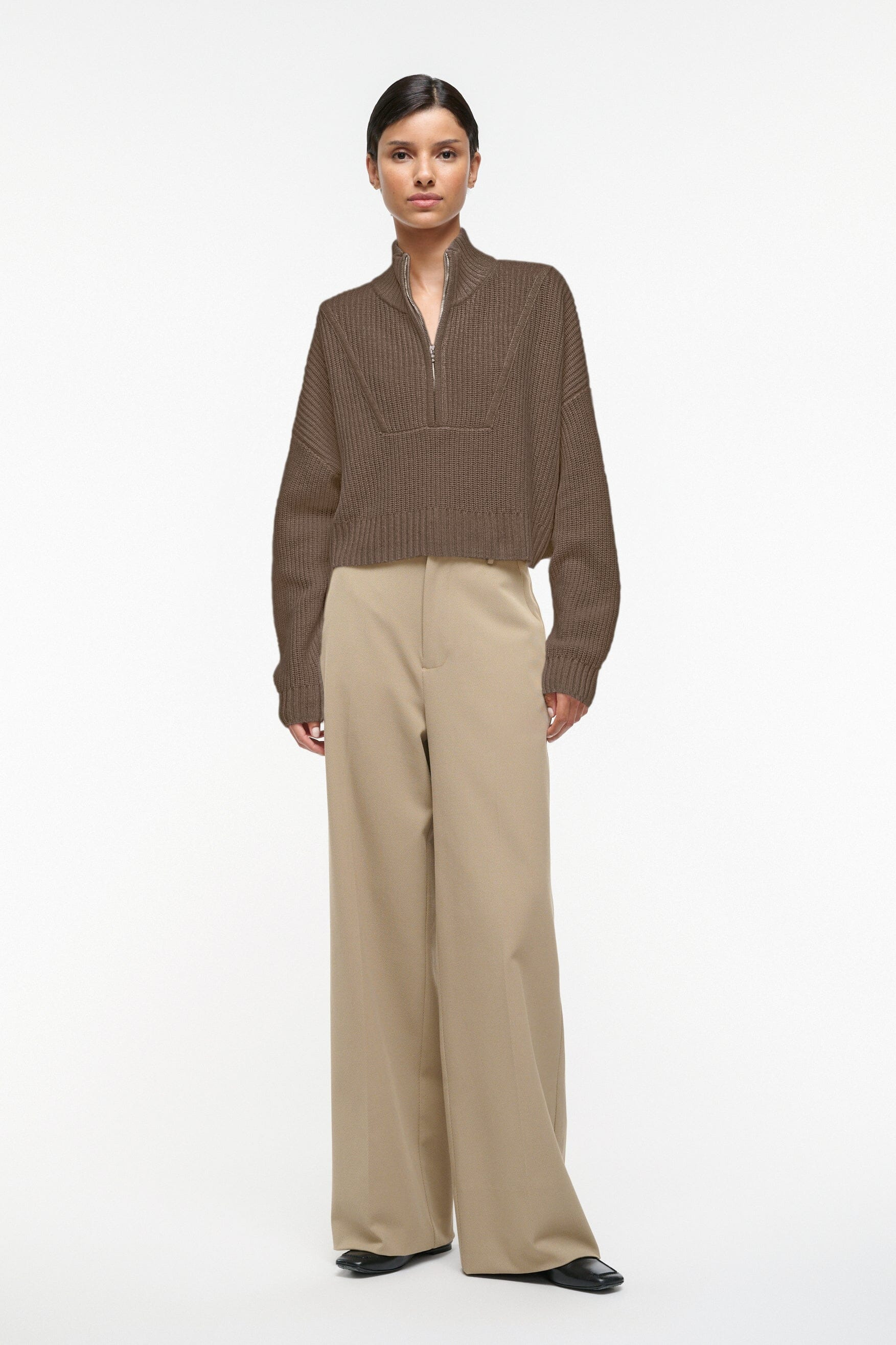 STAUD CASHMERE CROPPED HAMPTON SWEATER TRUFFLE - 3