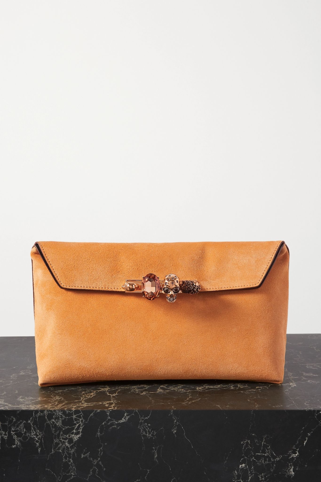 Knuckle embellished suede clutch - 1