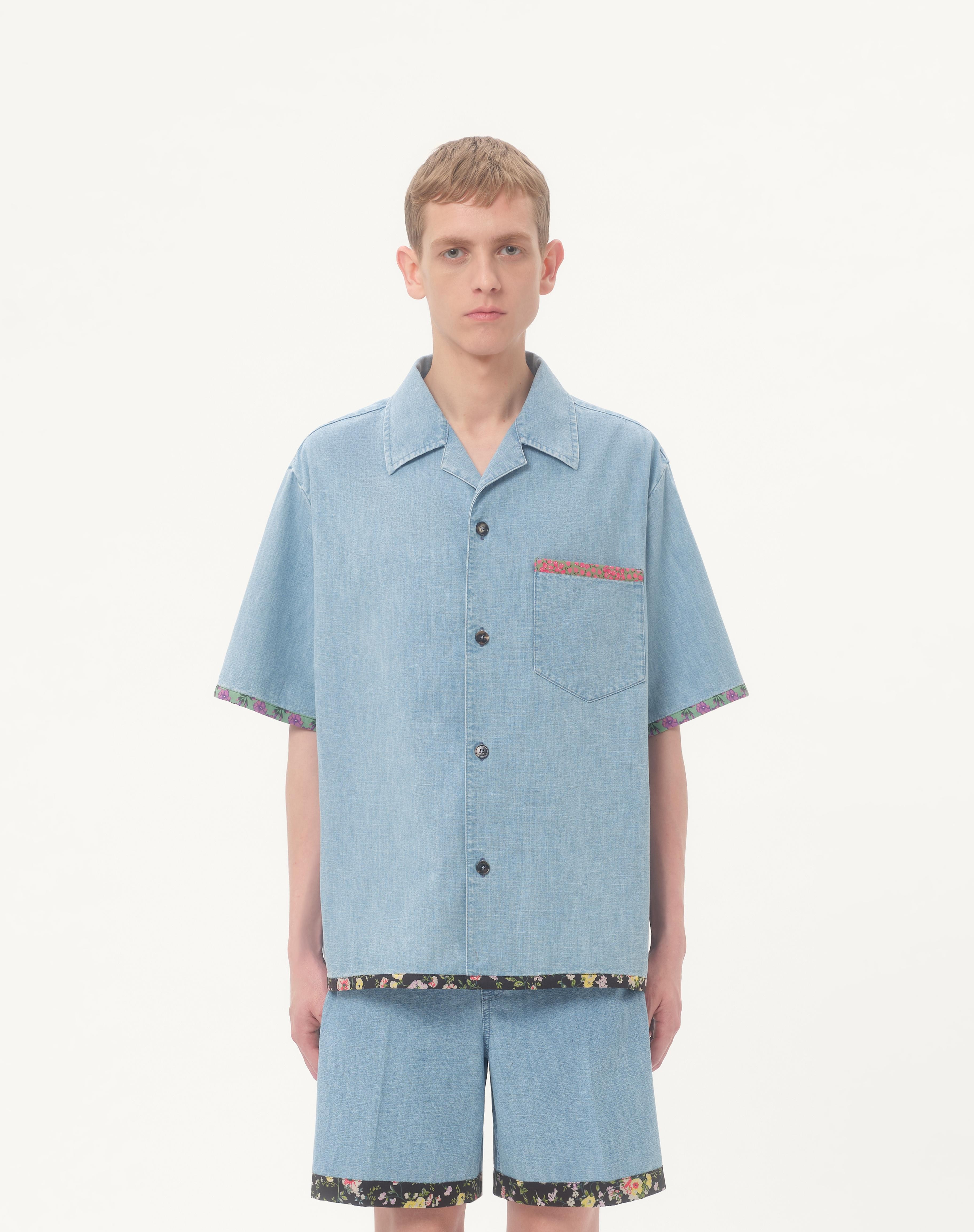 DENIM BOWLING SHIRT WITH FLORAL PRINT TRIM - 5