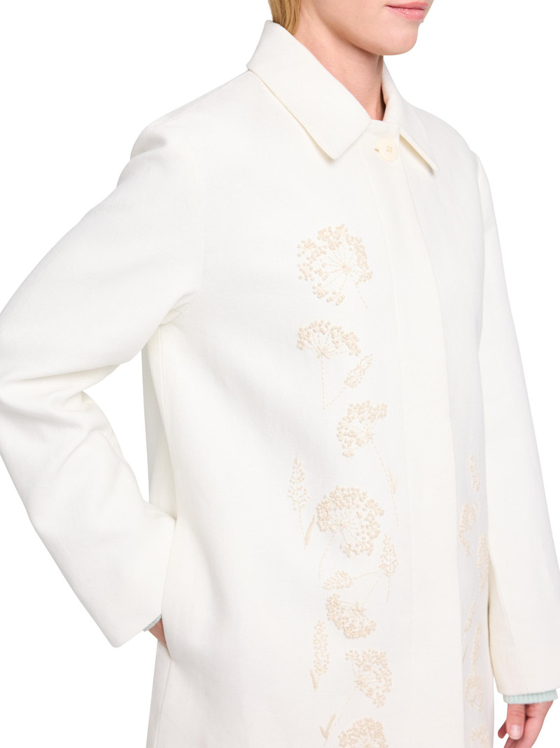 Women's Floral Embroidered Linen A-Line Coat - Ivoire 7