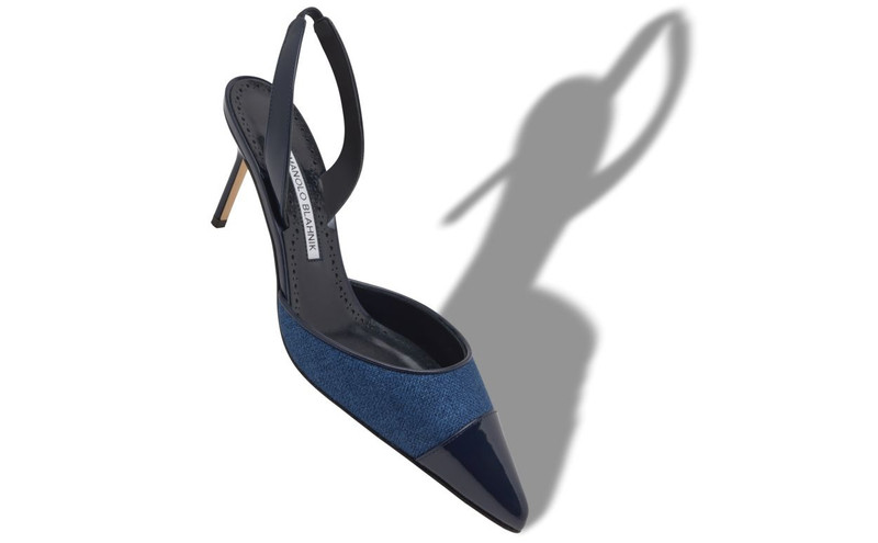 Manolo Blahnik Navy Blue Linen Slingback Pumps outlook