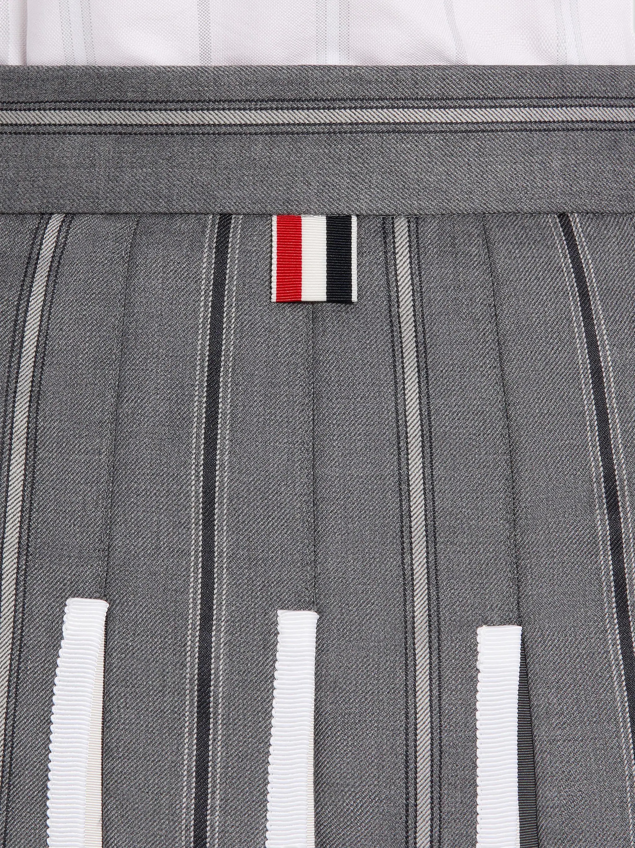 Medium Grey Alternating Stripe Wool Suiting Dropped Back Below-the-Knee Pleated Skirt With Grosgrain - 6