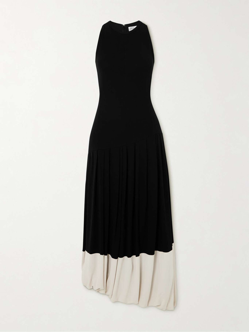 Asymmetric two-tone gathered stretch-jersey midi dress - 1