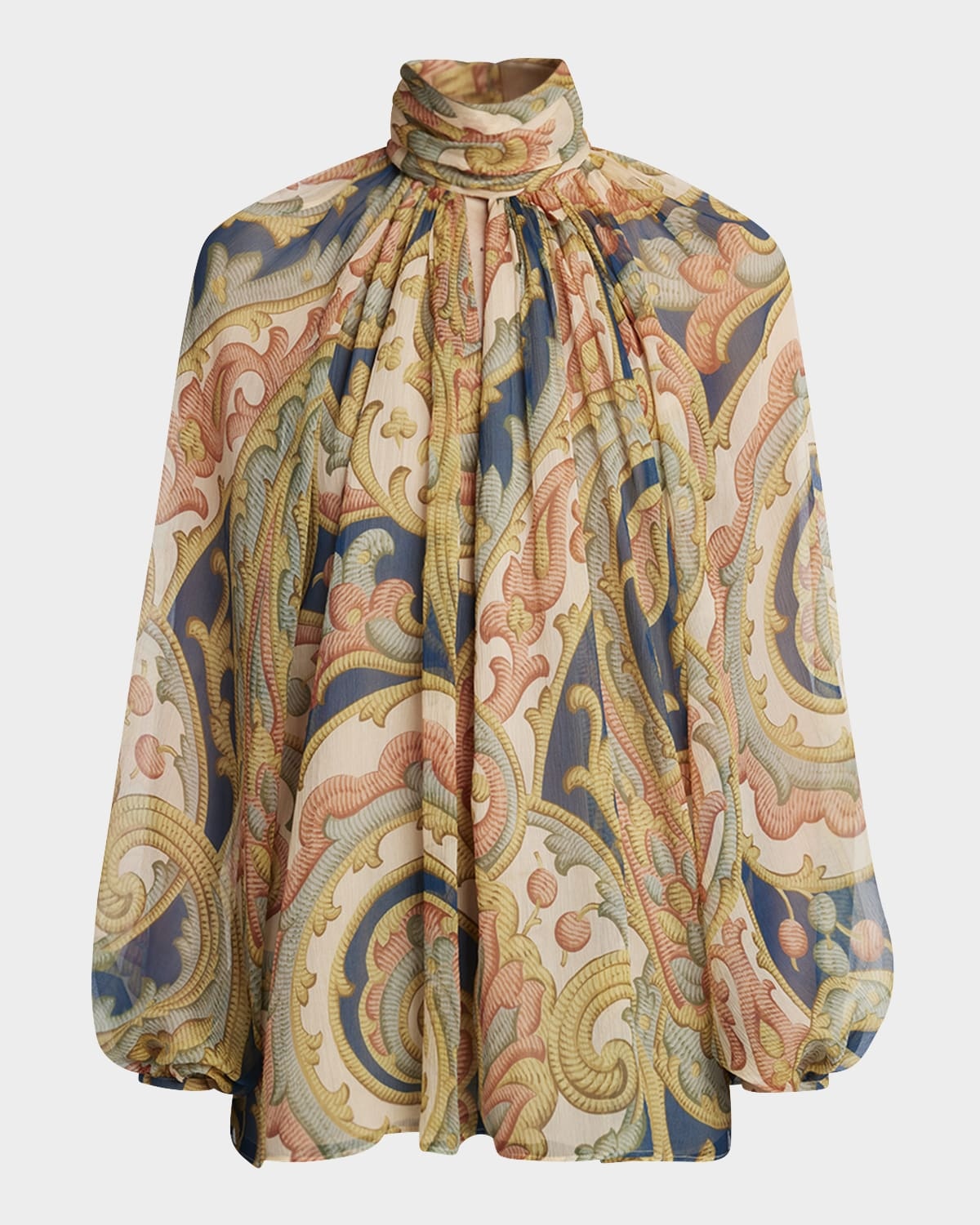 Abstract Floral Silk Chiffon High-Neck Blouse - 1