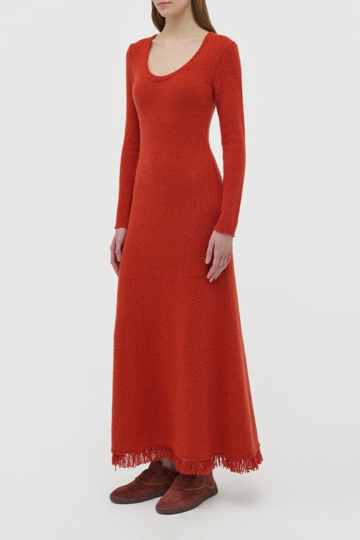 Maribel Fringe Knit Maxi Dress in Antelope Orange Cashmere - 4