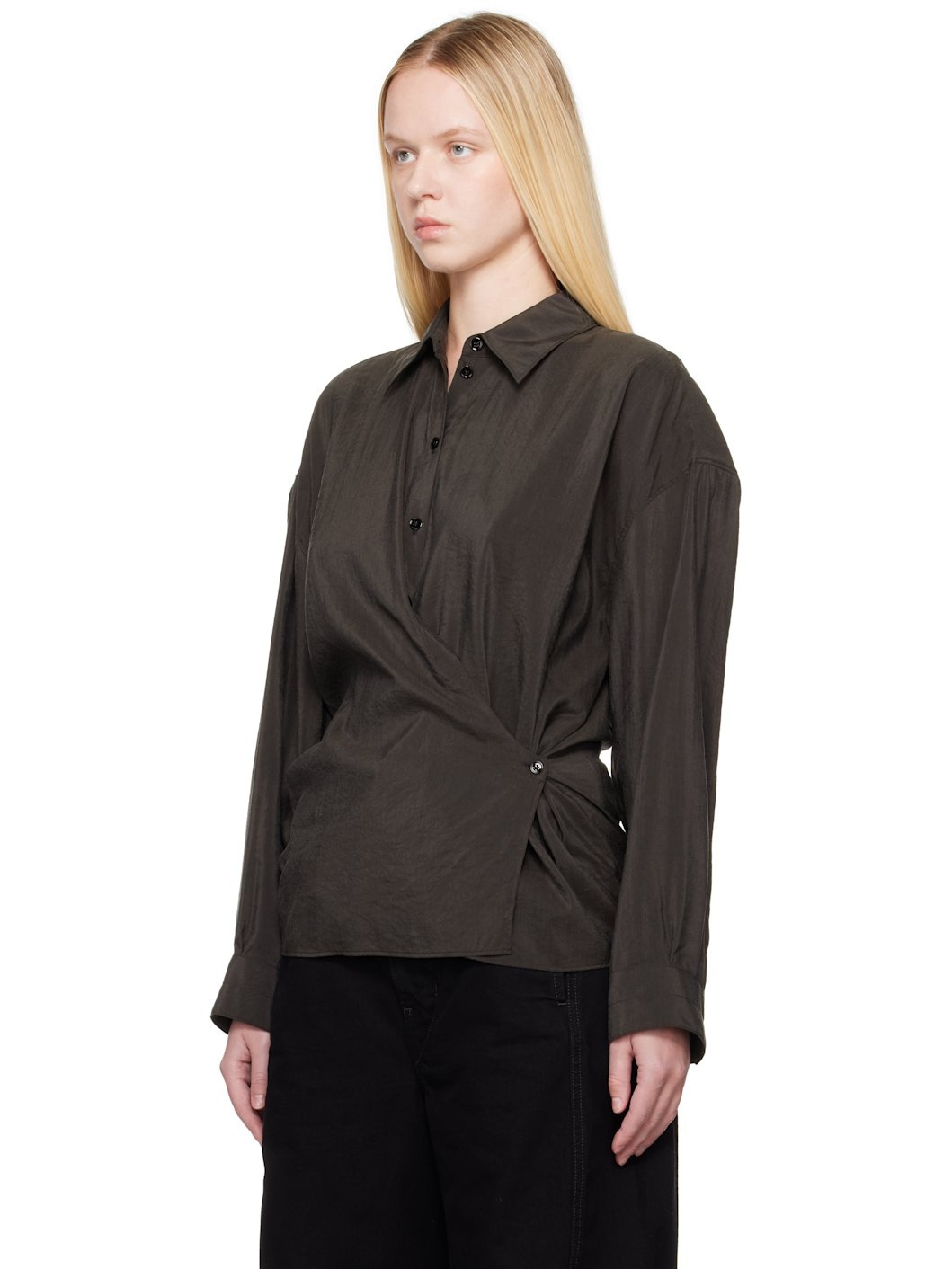 Brown Straight Collar Twisted Shirt - 4
