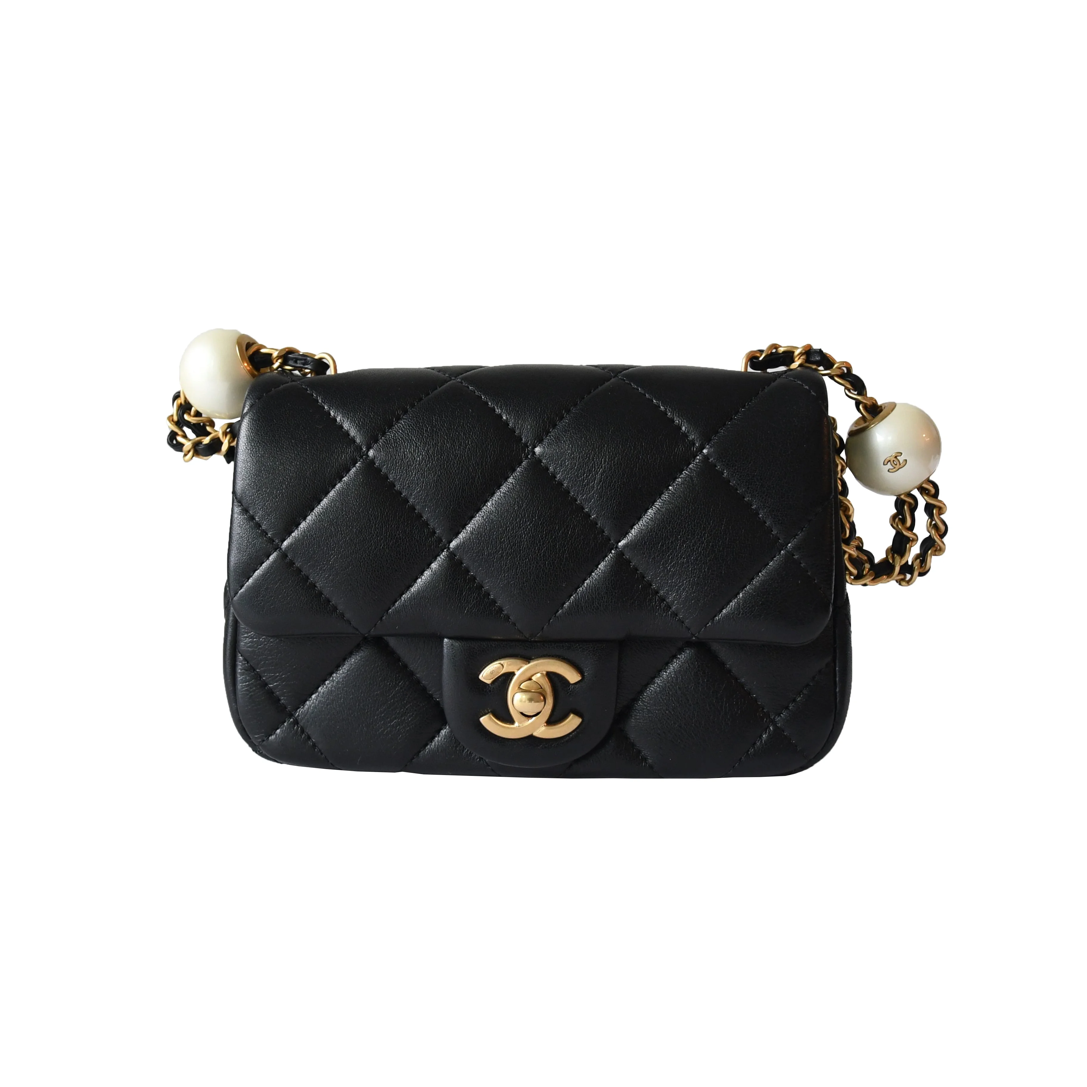 Chanel Lambskin Brushed Mini Square Pearl Flap Bag Gold Hardware Black - 1