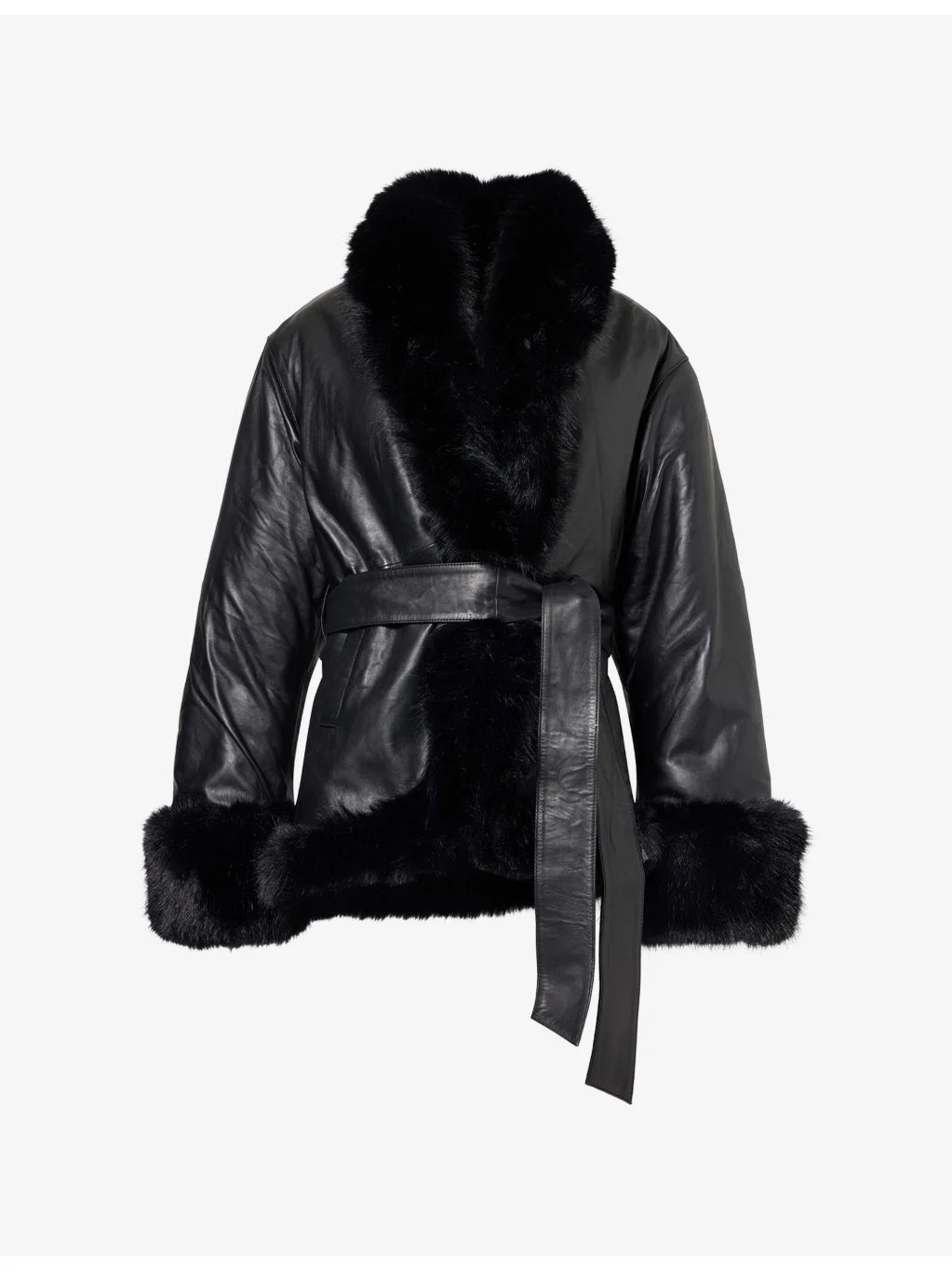 Shawl-Collar Belted Leather Jacket - 1