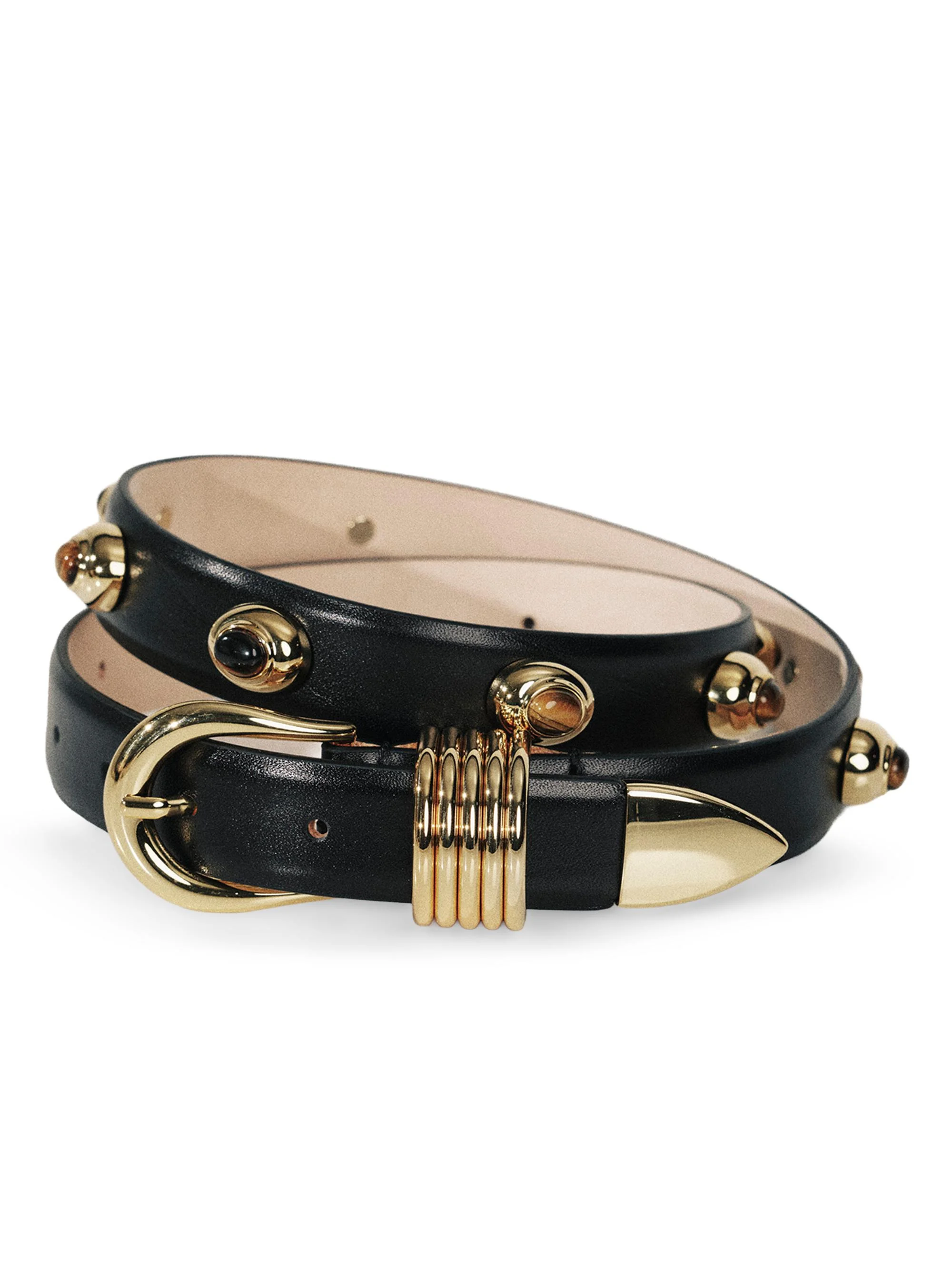 Women's Hollyhock Embellished Leather Belt - Black Tigers Eye Gold - 1