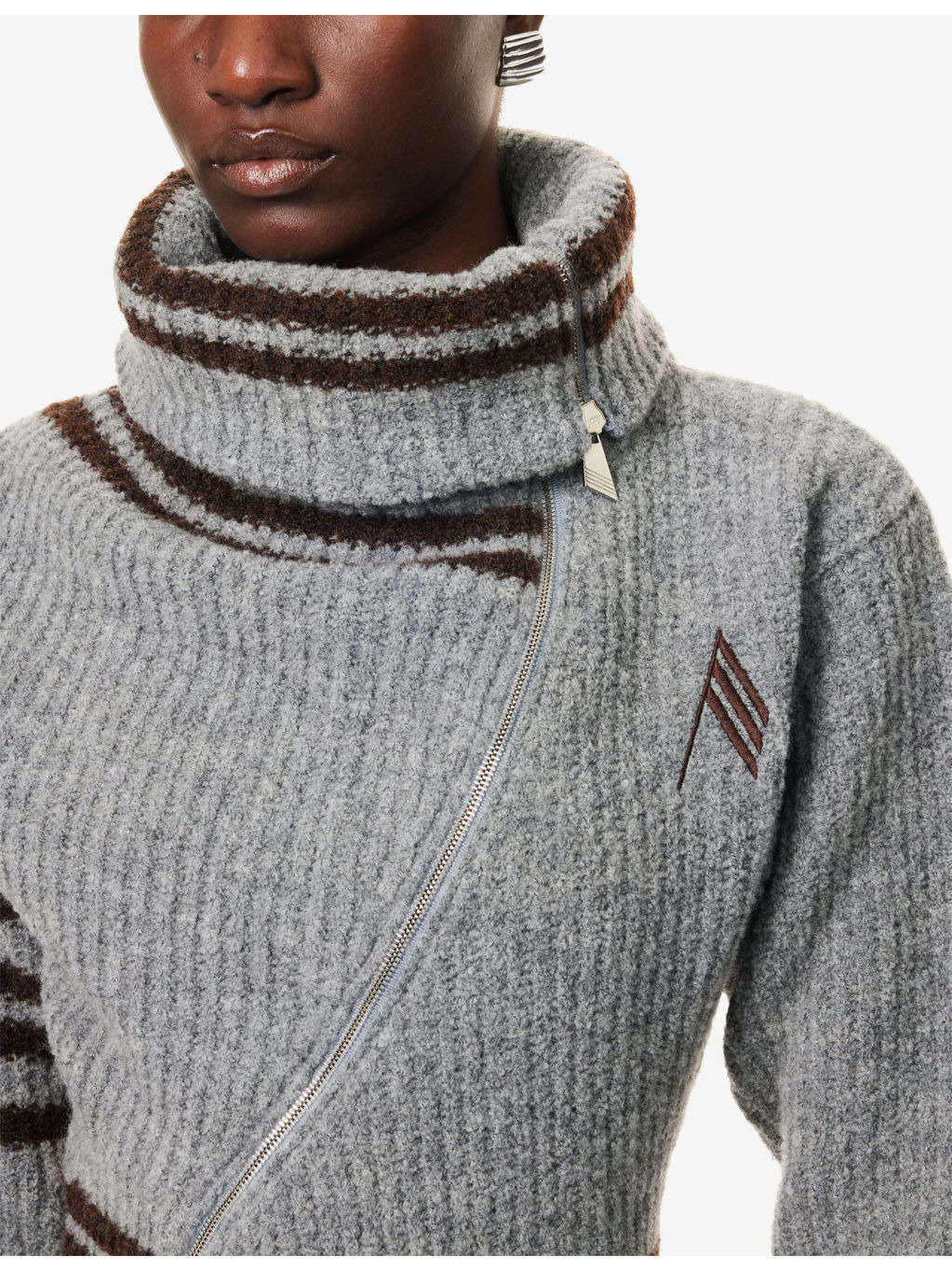 Asymmetric High-Neck Knitted Cardigan - 5