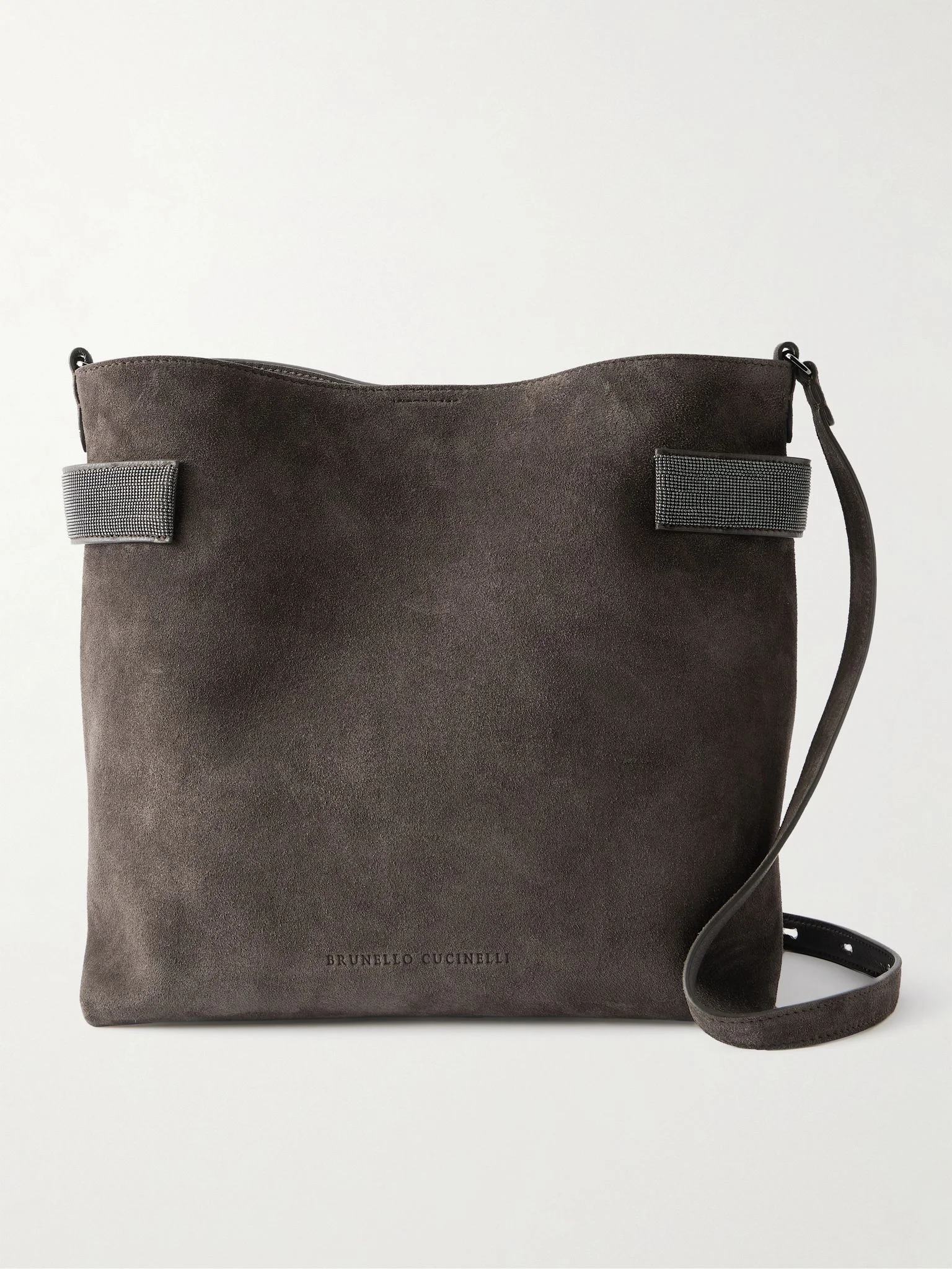 Bead-embellished suede shoulder bag Dark brown - 1