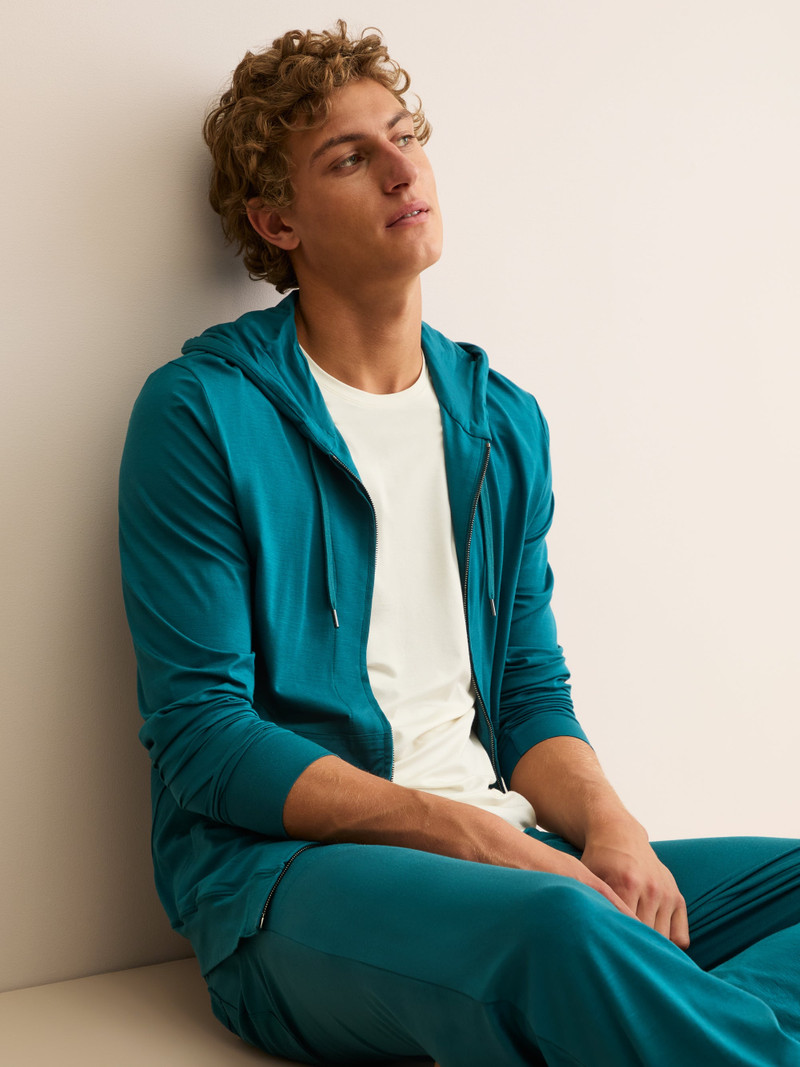 Derek Rose Men's Zip Up Hoodie Basel Micro Modal Stretch Teal outlook