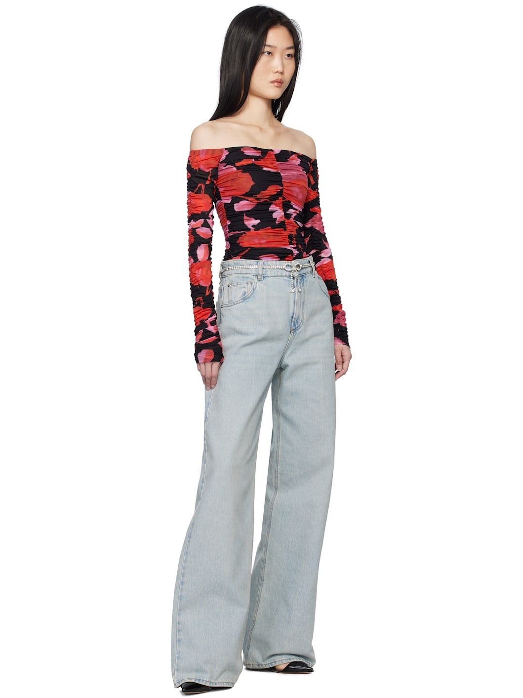 Black & Red Printed Jersey Draped Top - 5