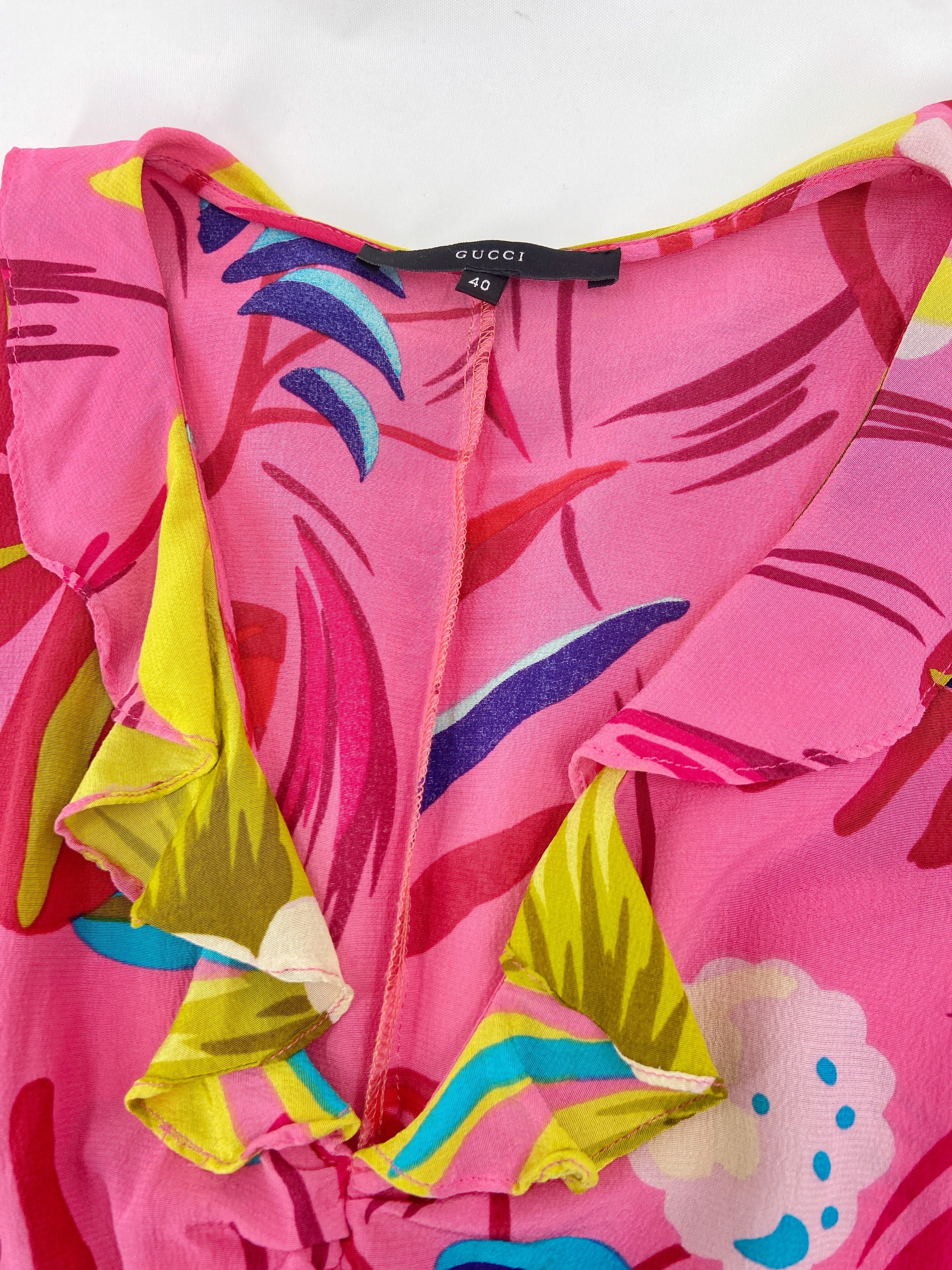 Gucci Spring 1999 Tom Ford Iconic Runway Pink Floral Silk Ruffle Blouse Top 40 - 10