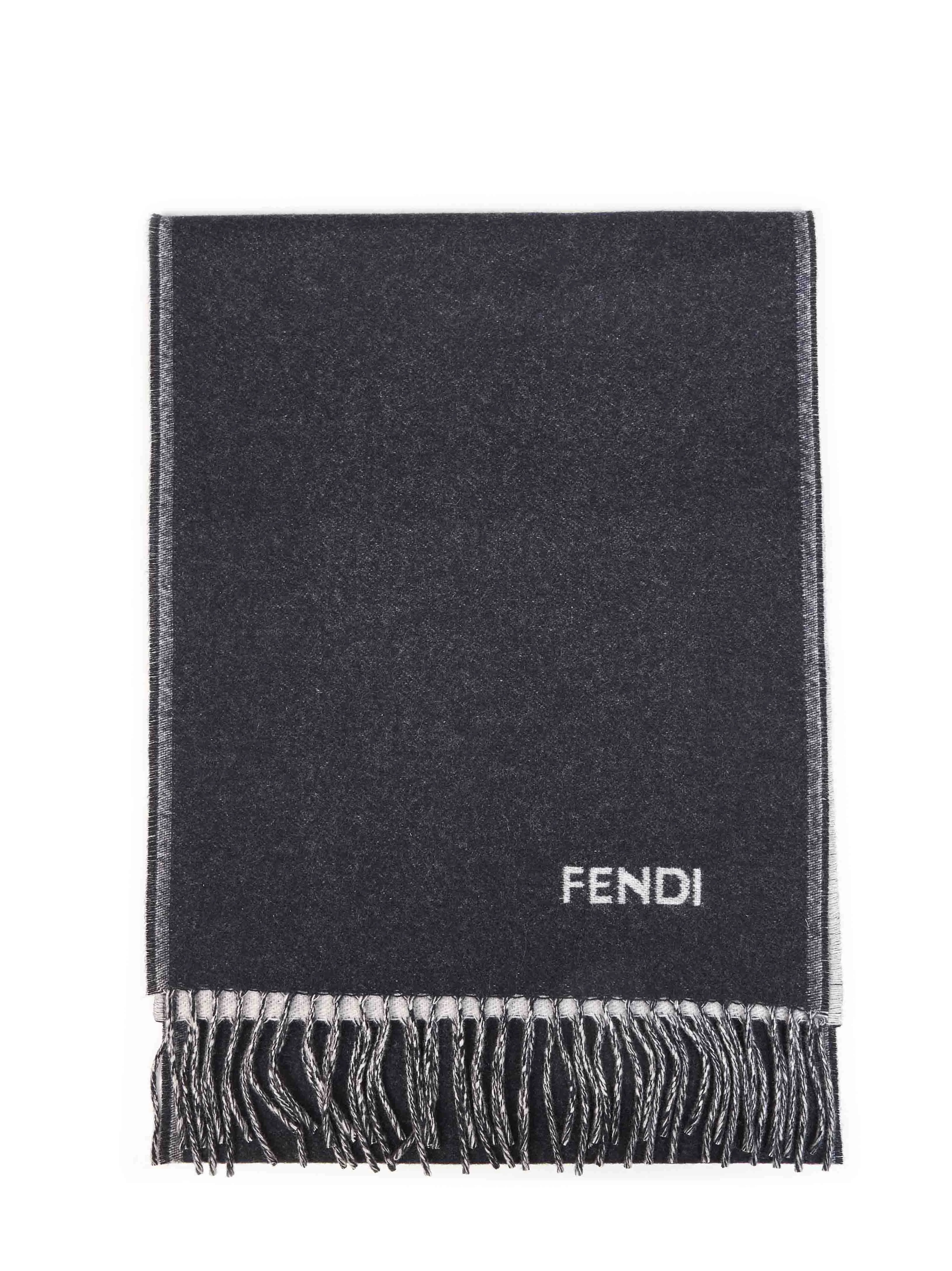 Fendi Silk Men Navy Blue And Ivory Cashmere Scarf With Fendi Logo - 1