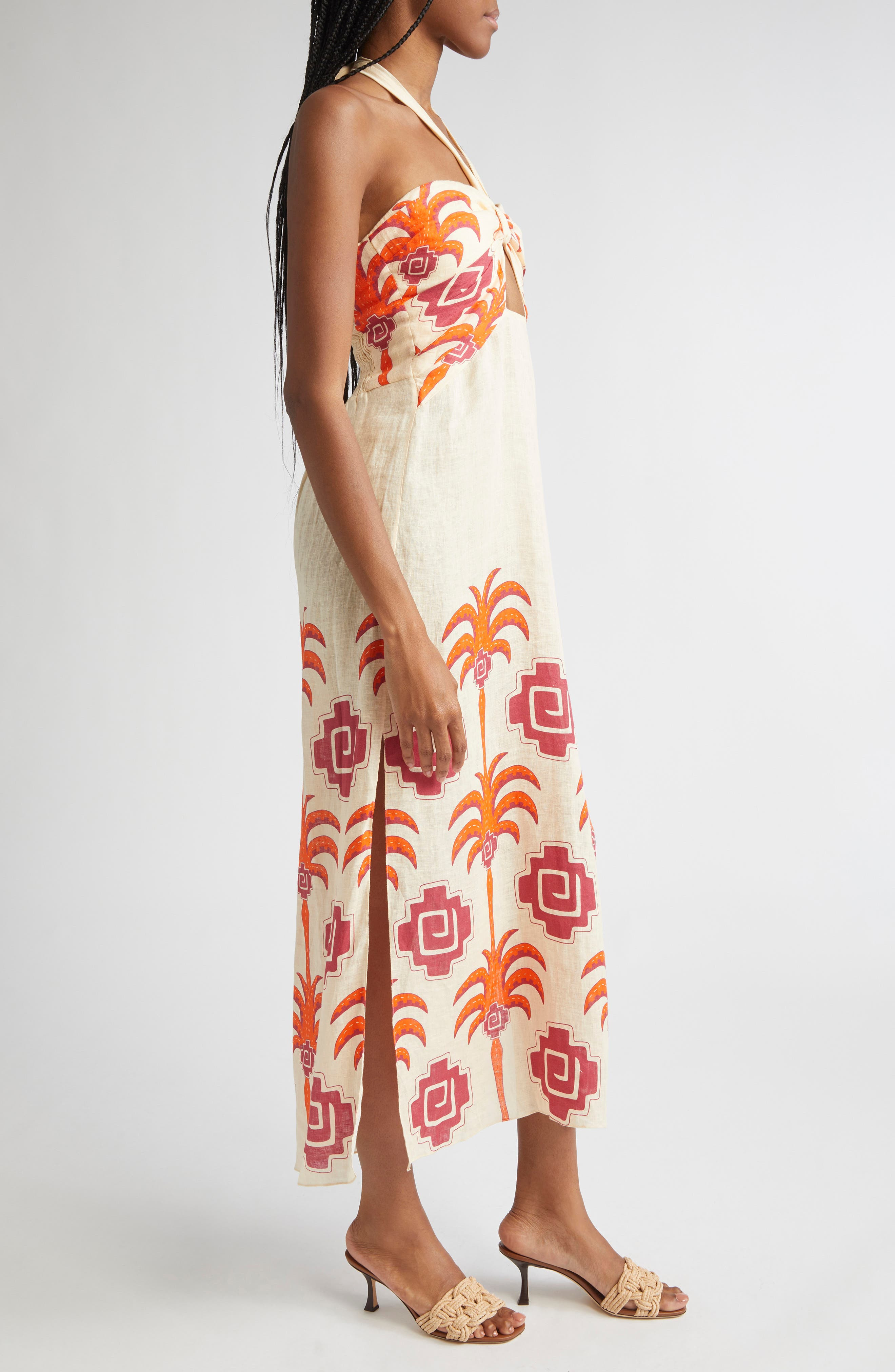 Johanna Ortiz Water Adventure Linen Midi Dress in Ecru /Red/Wine at Nordstrom - 3