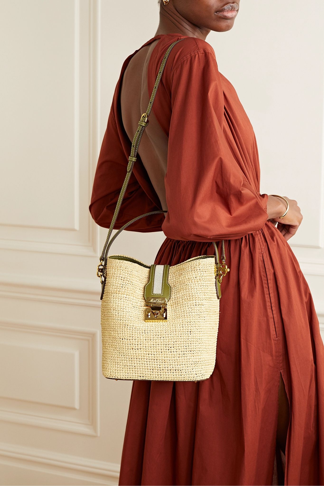 Murphy large textured leather-trimmed raffia bucket bag - 6