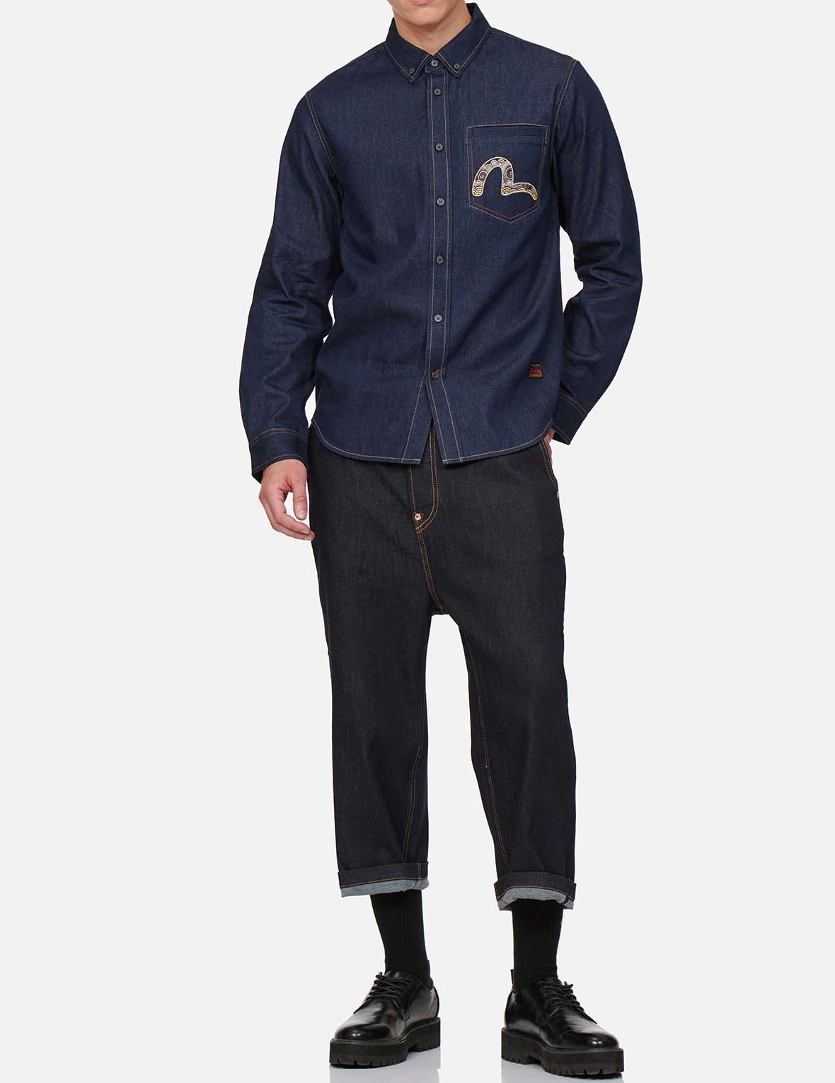 DRAGON-EMBROIDERED DAICOCK PRINT DENIM SHIRT - 6