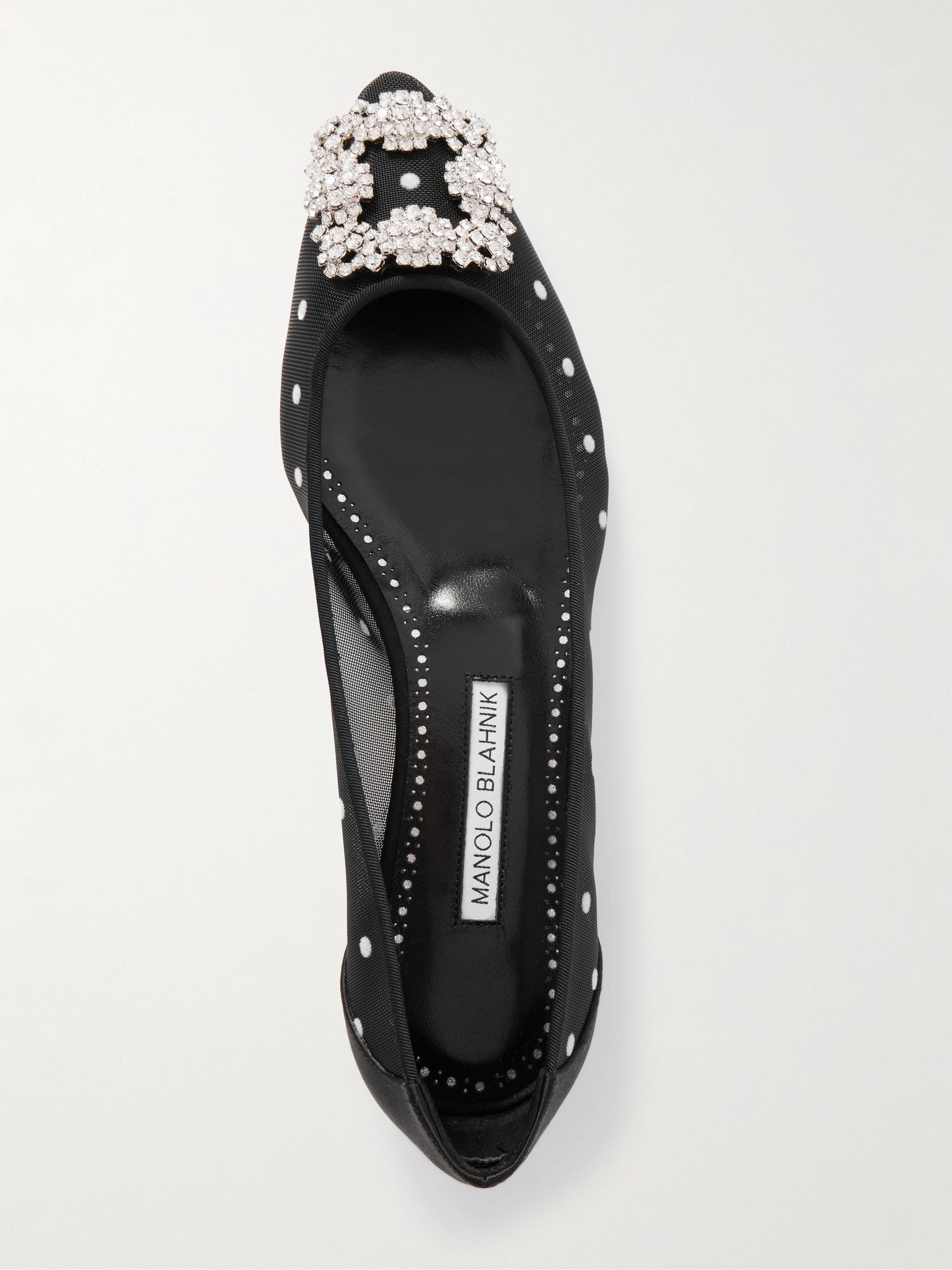 Hangisiflat satin-trimmed crystal-embellished flocked mesh point-toe ballet flats Black - 5