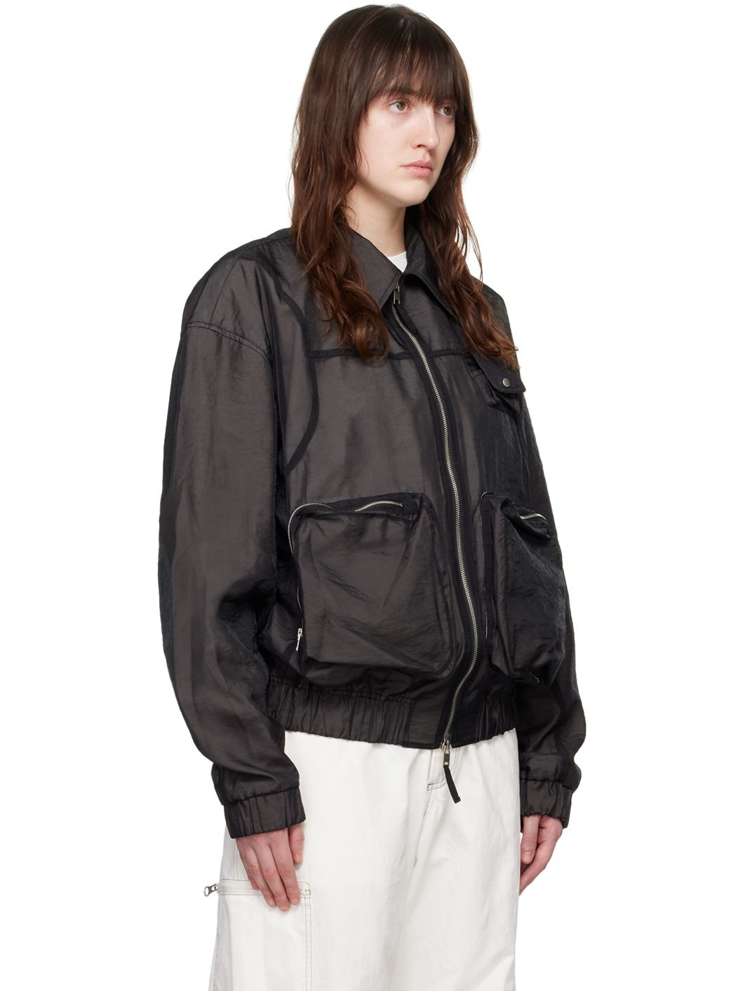 Black Sheer Overlay Bomber Jacket - 2