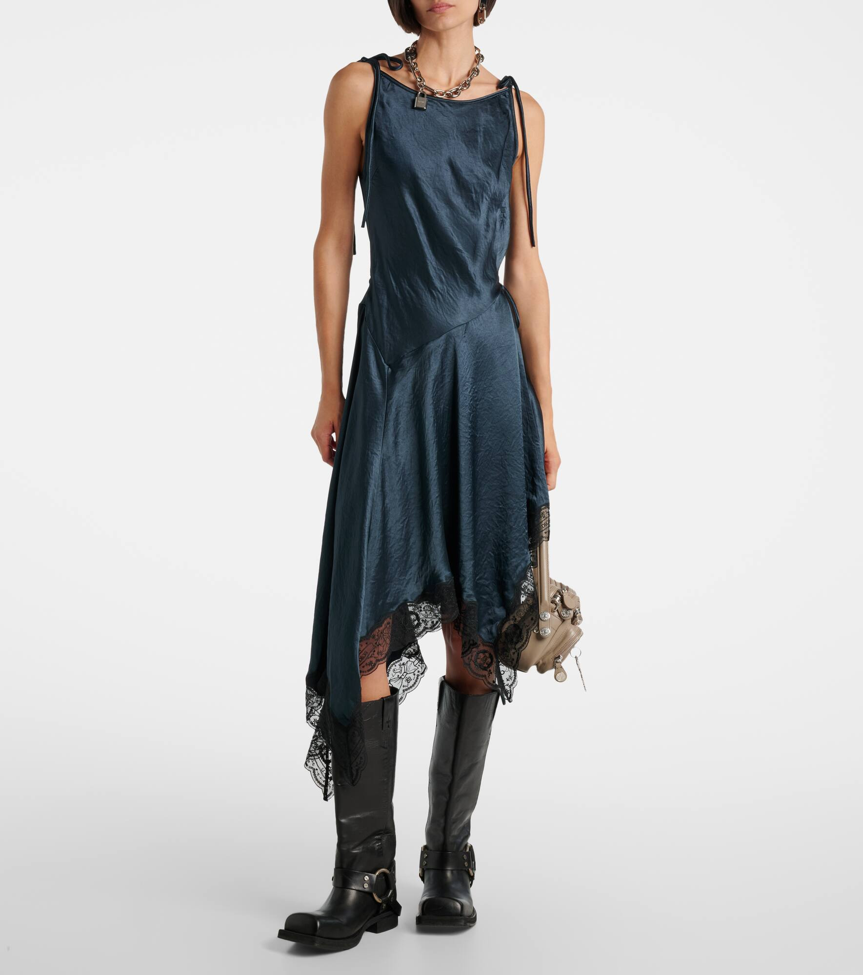 Asymmetric lace-trimmed satin minidress - 2