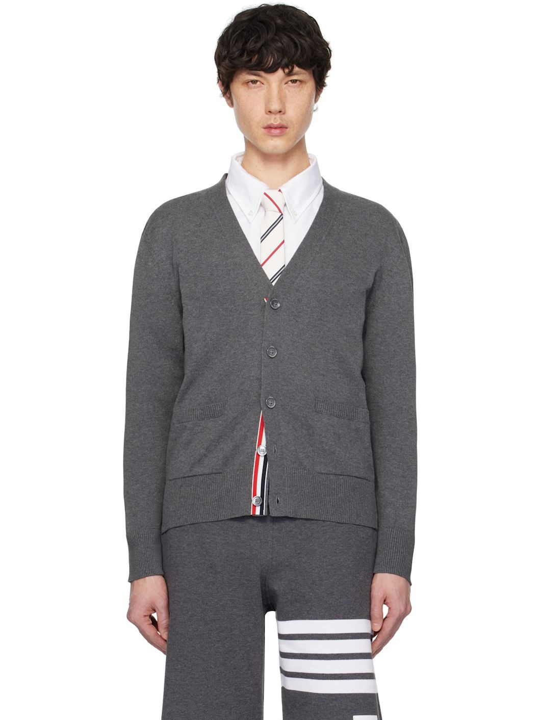 Gray Jersey Stitch Relaxed Fit V Neck Cardigan - 1