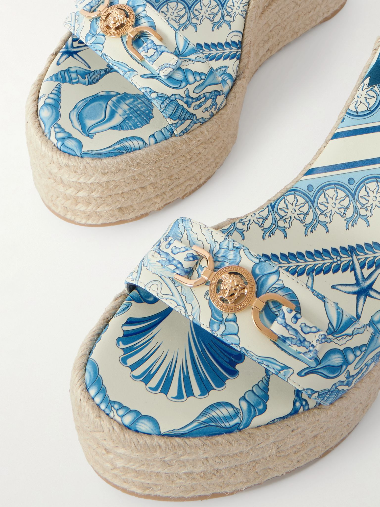 Embellished printed leather espadrille wedge sandals Blue - 4