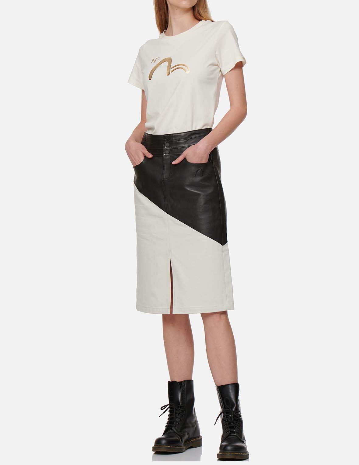 Contrast Leather Denim Skirt - 5