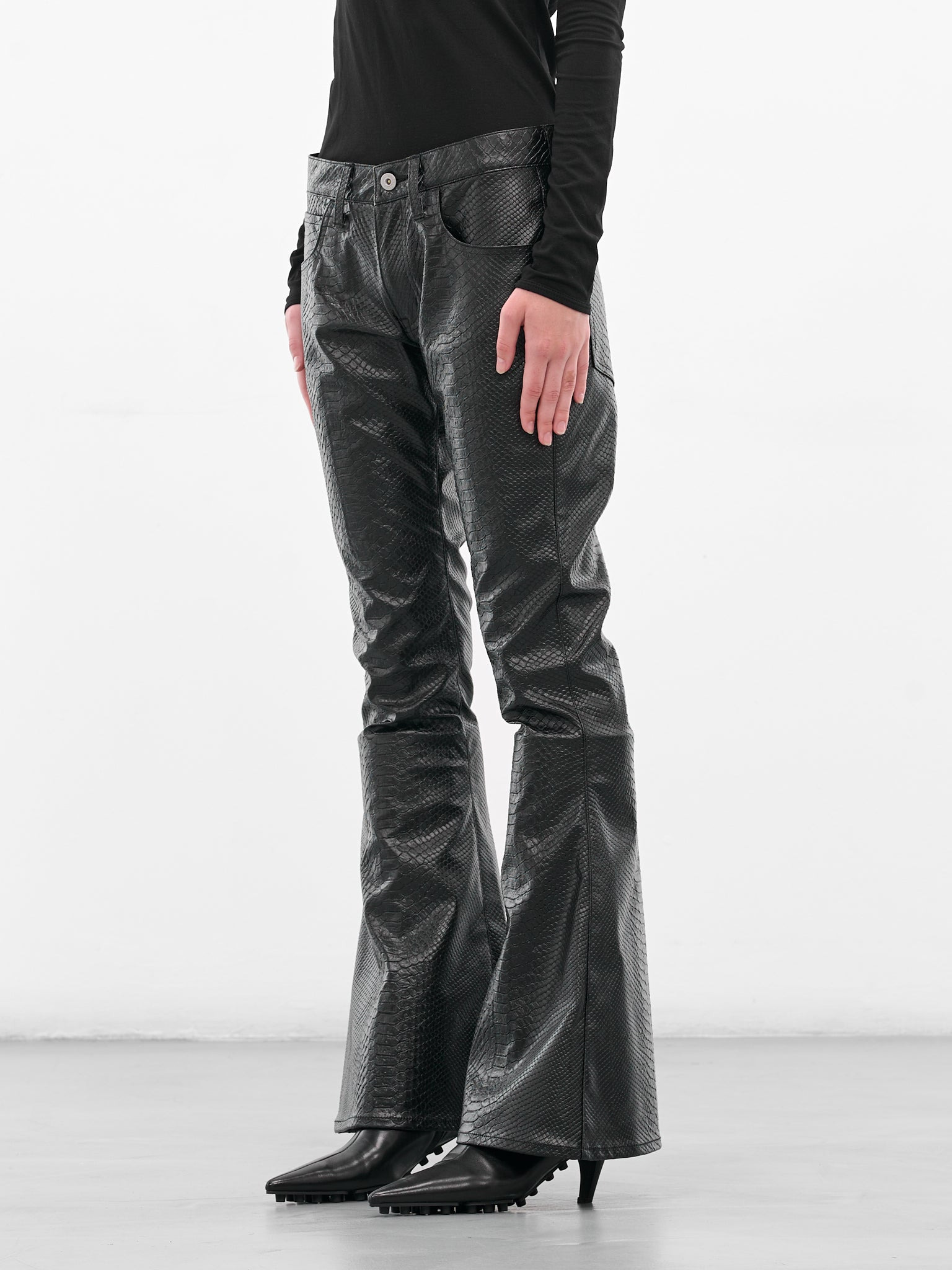 Black Snakeskin Leather Flared Trousers - 2