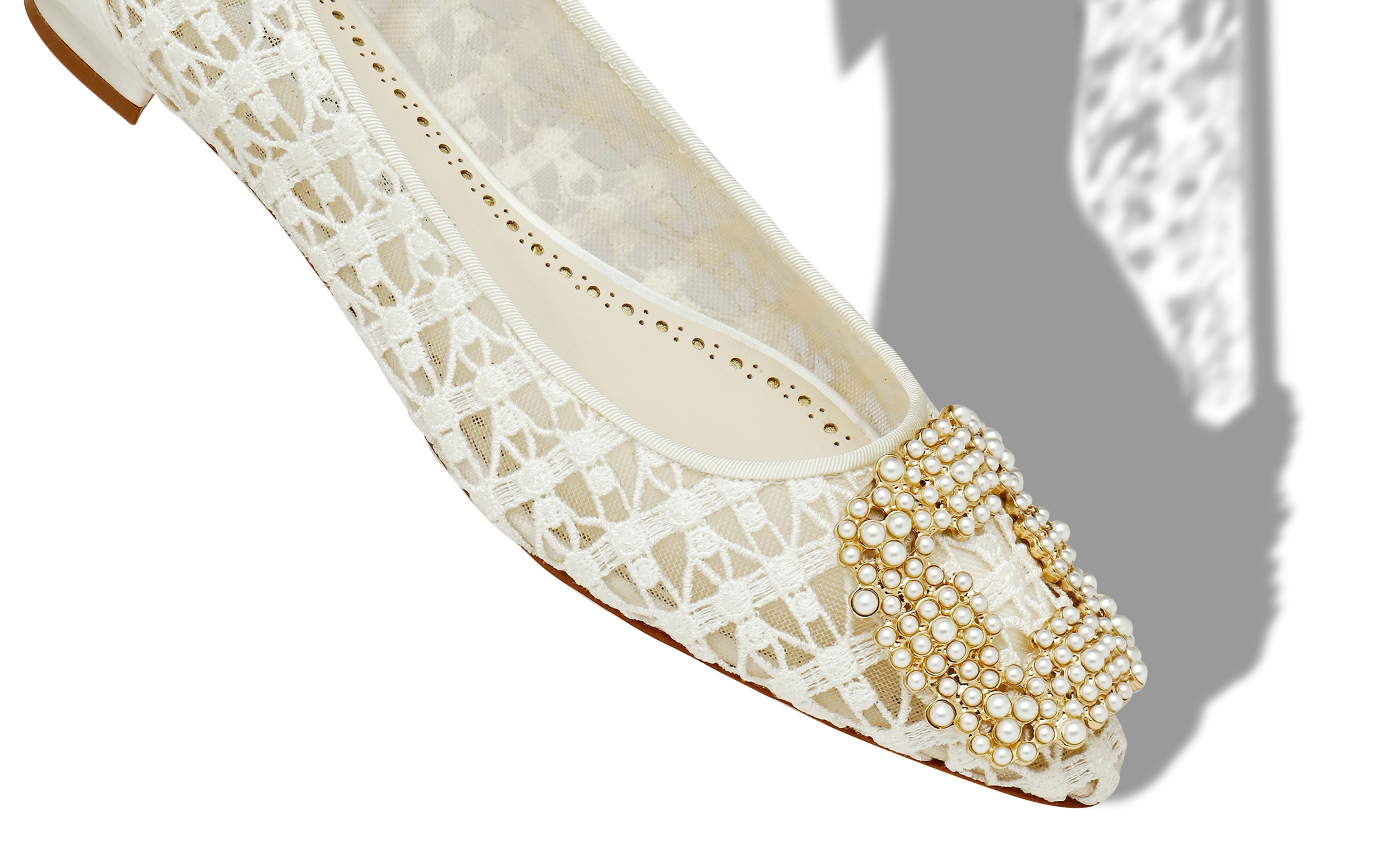 White Lace Pearl Buckle Flat Shoes - 4
