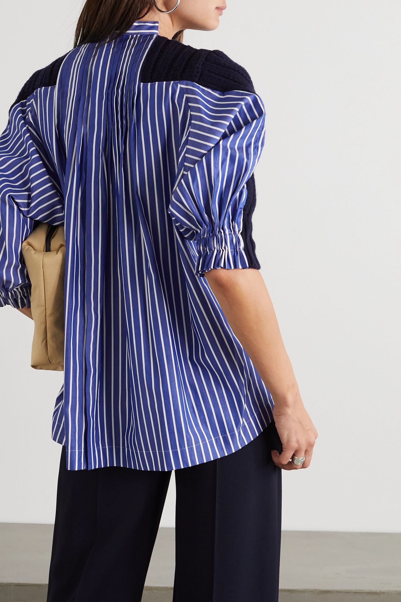 Paneled striped cotton-poplin and ribbed wool sweater - 4