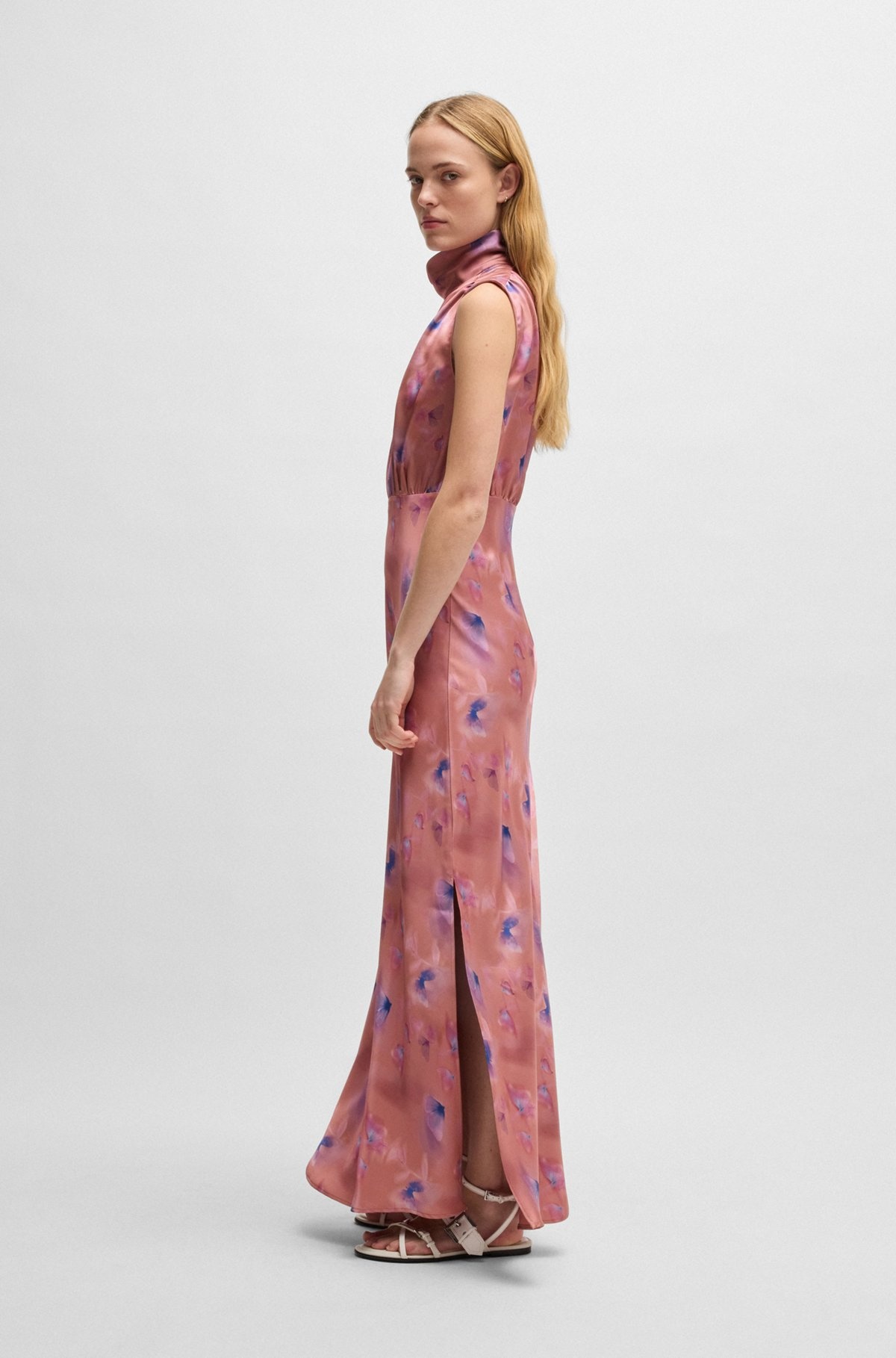 HIGH-NECK BUTTERFLY-PRINT MAXI DRESS IN SOFT SATIN - 3