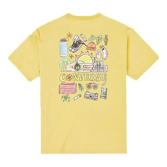 Men's Converse Back Graffiti Cartoon Printing Loose Casual Round Neck Short Sleeve Gold T-Shirt 1002 - 1