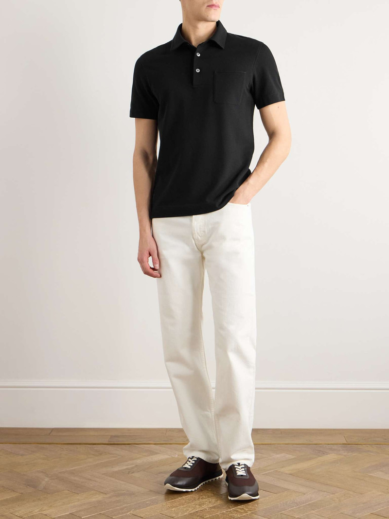 ZEGNA Slim-Fit Leather-Trimmed Cotton-Piqué Polo Shirt outlook