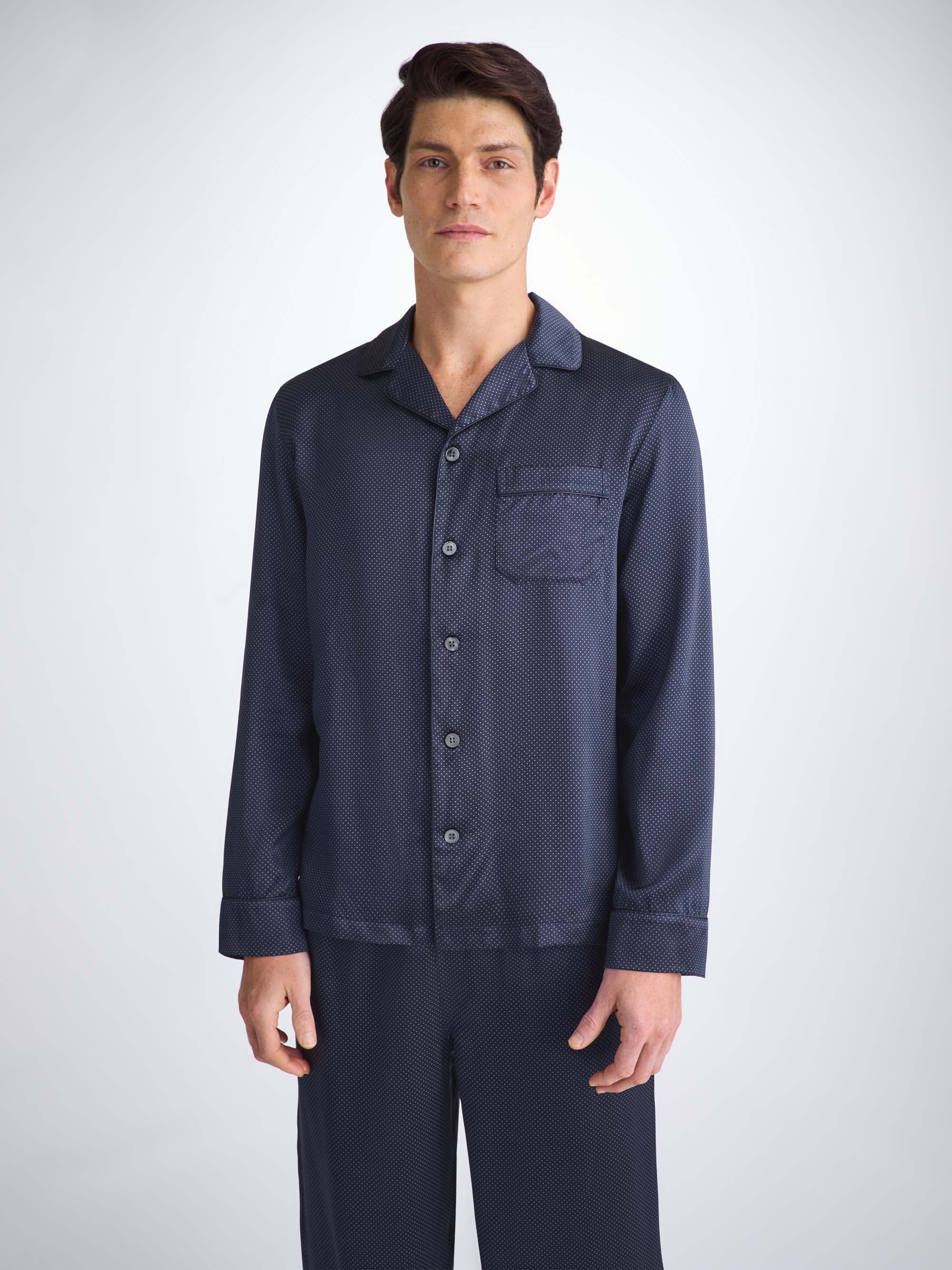 Men's Pajamas Silk Satin Navy Micro Dot Print - 5