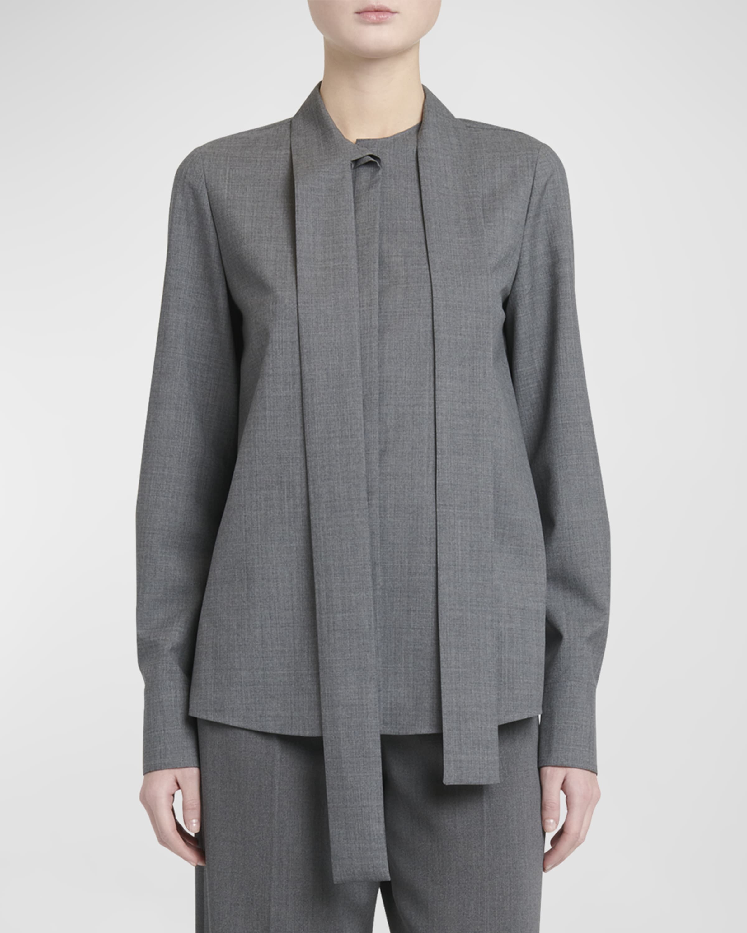 Solid Superfine Wool Blouse with Tie Neckline - 2