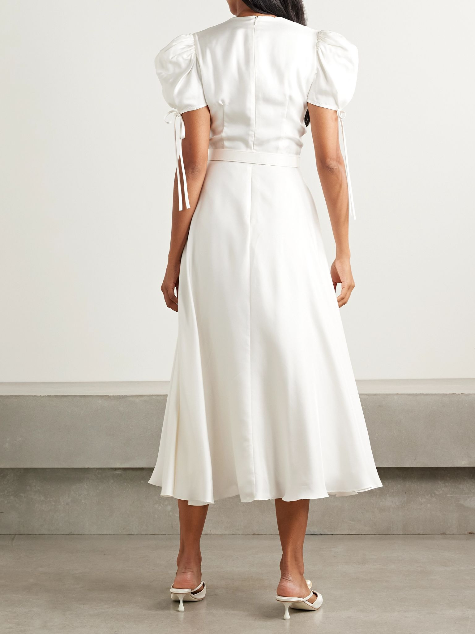 Appliquéd belted silk-twill midi dress White - 3