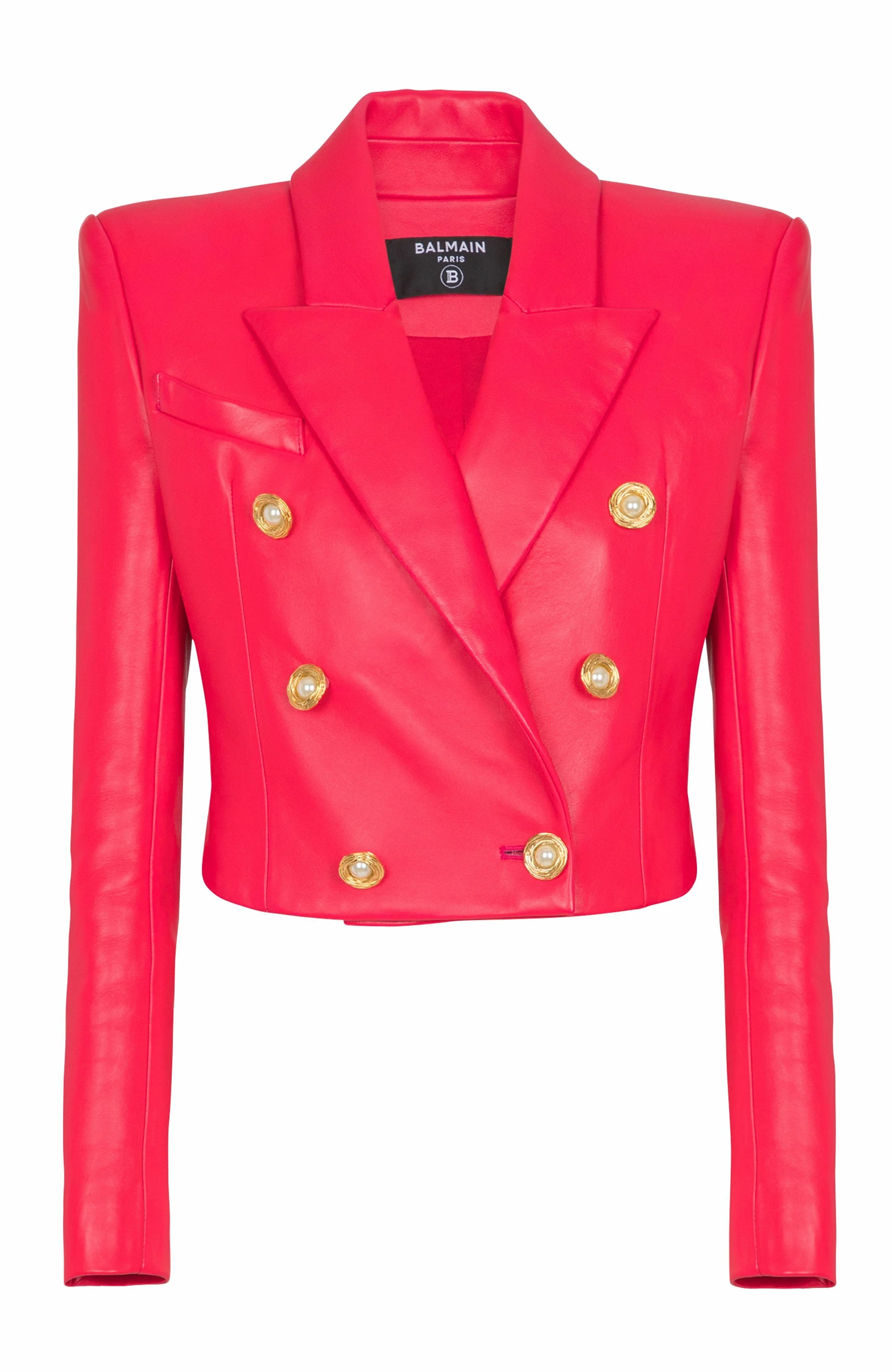 Balmain Cropped lambskin 6-button jacket in Pink at Nordstrom - 1
