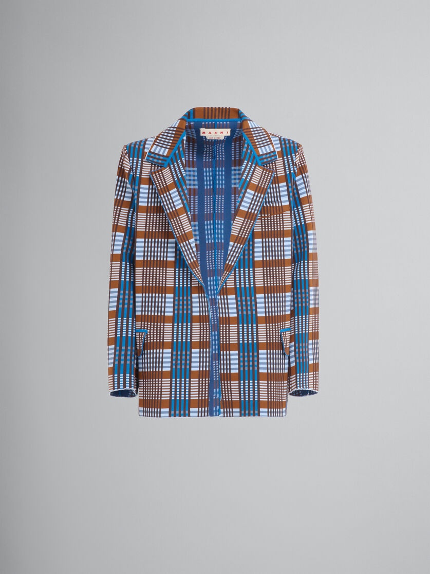 BROWN AND BLUE CHECKED TECHNO KNIT BLAZER - 1