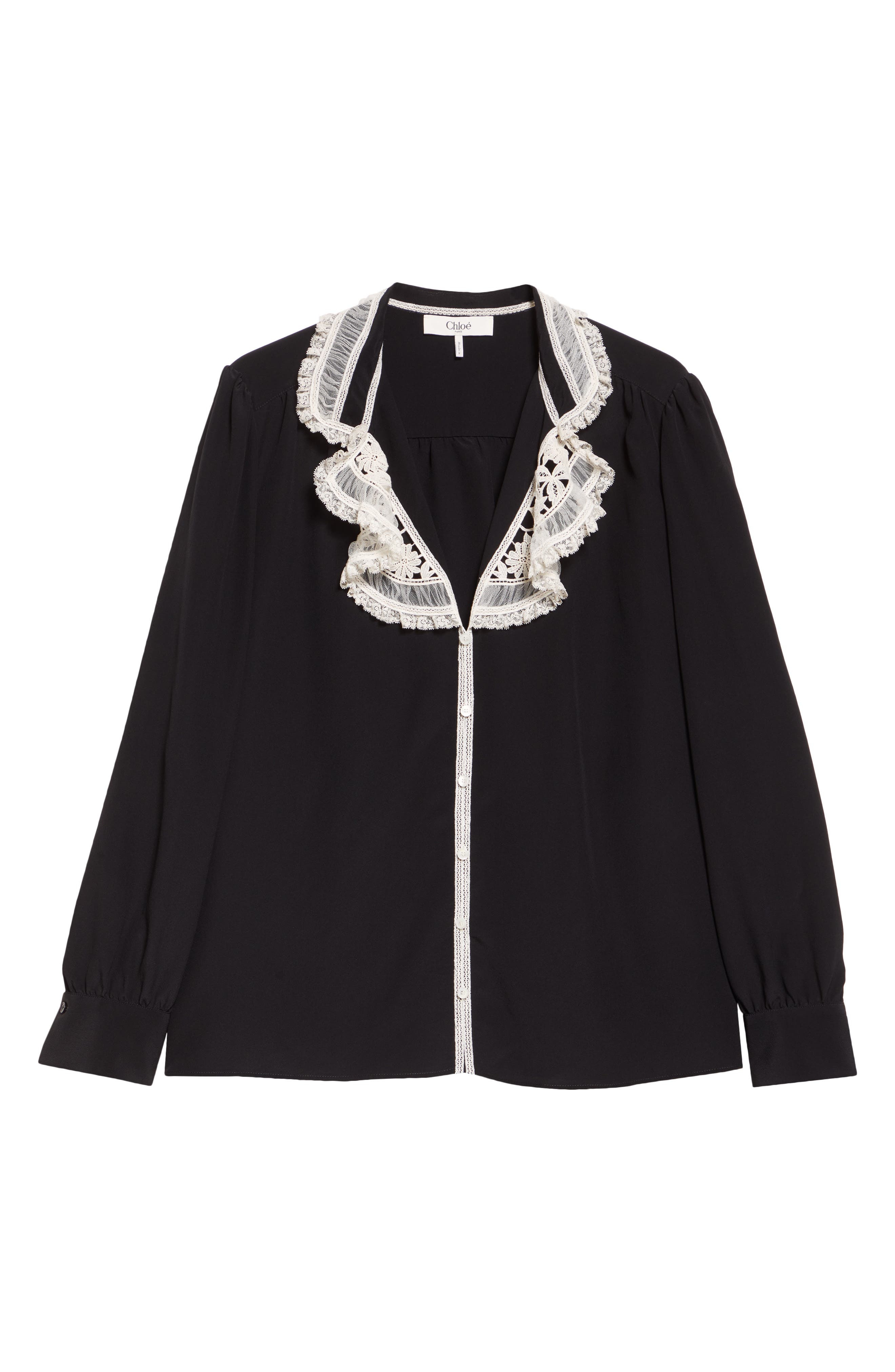Chloé Silk Crêpe de Chine & Lace Ruffle Collar Button-Up Shirt in Black at Nordstrom - 6