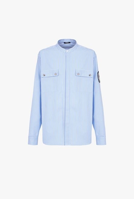 Striped pale blue cotton shirt with embroidered Balmain badge - 1
