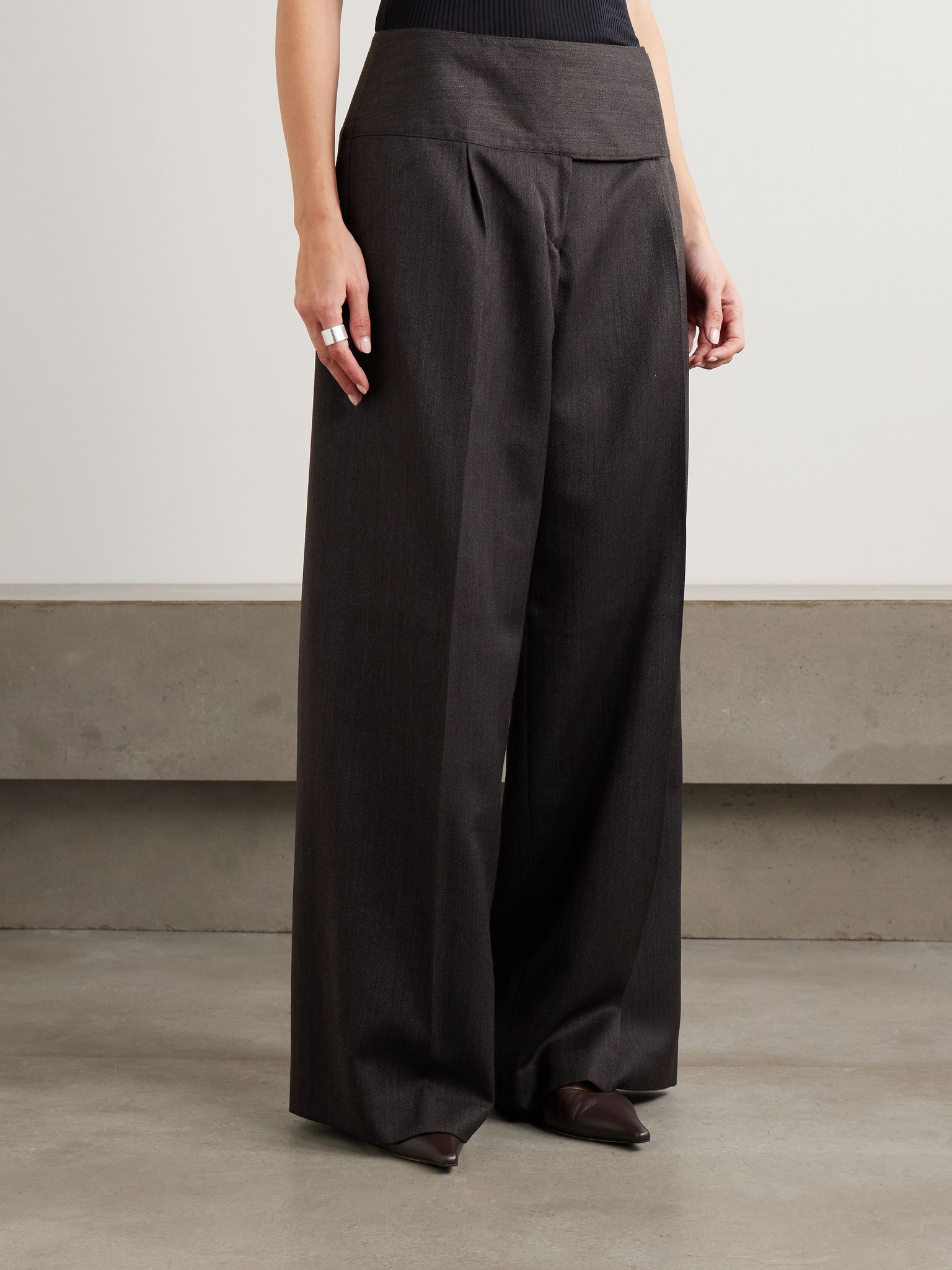 Girdle pleated wool wide-leg pants Brown - 3