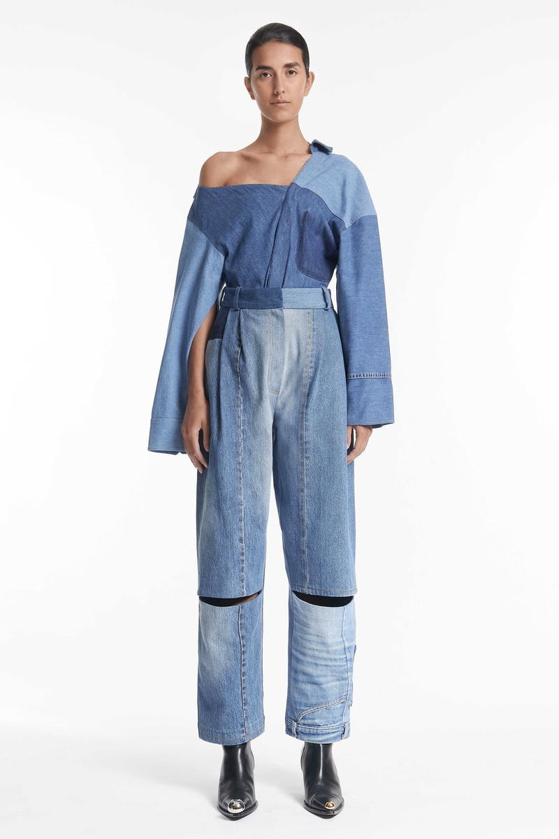 OFF SHOULDER UPCYCLED DENIM TOP BLUE DENIM 1