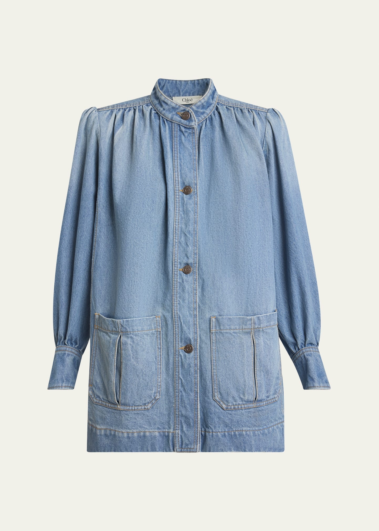 Long High Neck Gathered Denim Jacket - 1