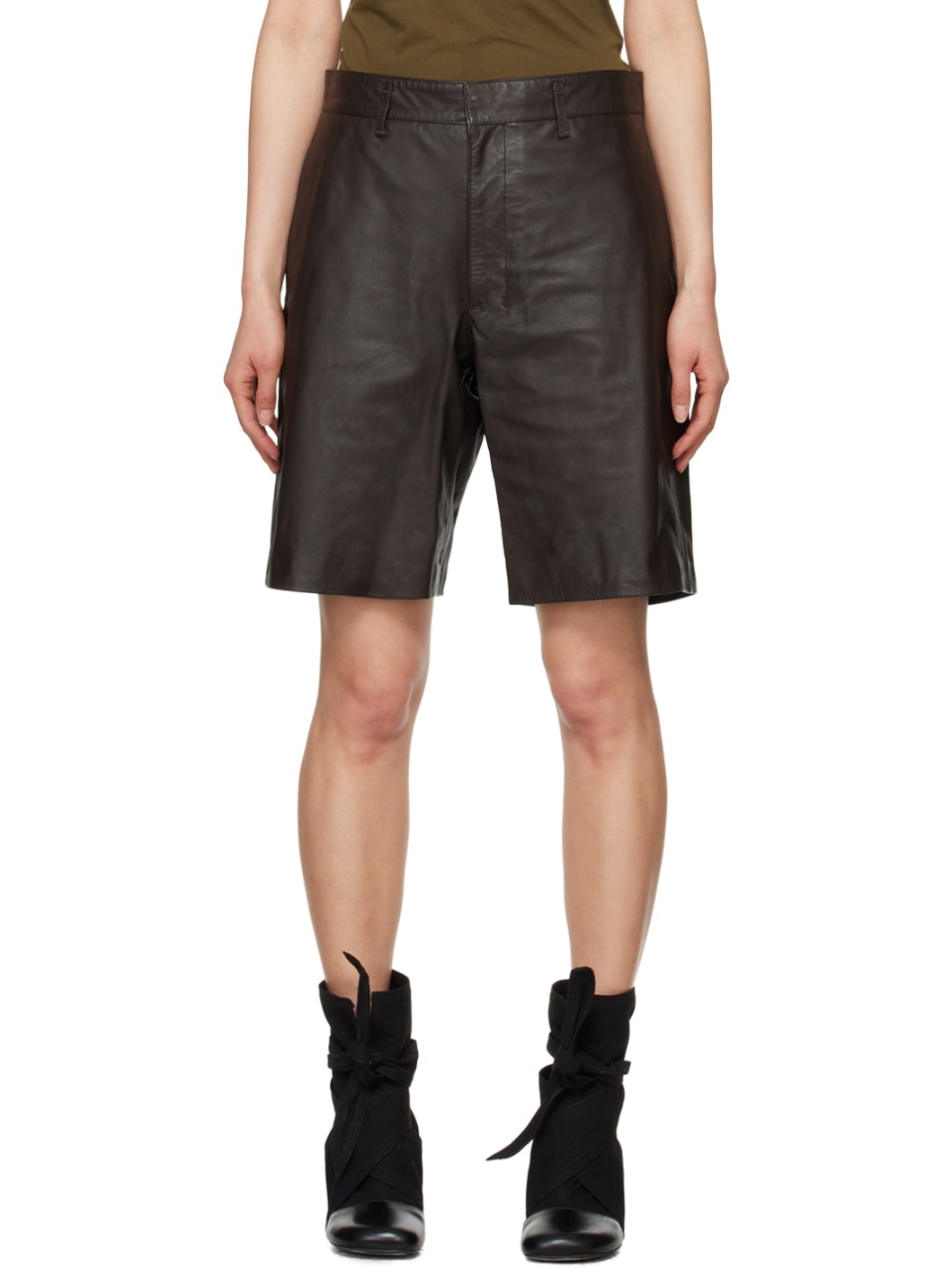 Brown Lined Leather Shorts - 1
